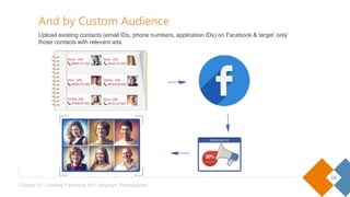08
Chapter 01- Creating Facebook Ad Campaign: Prerequisites
Upload existing contacts (email IDs, phone numbers, application IDs) on Facebook & target ‘only’
those contacts with relevant ads.
And by Custom Audience
 
