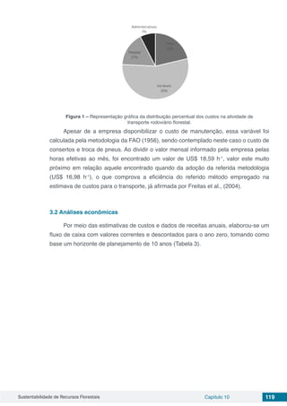 Sustentabilidade de Recursos Florestais Capítulo 10 119
Figura 1 – Representação gráfica da distribuição percentual dos custos na atividade de
transporte rodoviário florestal.
Apesar de a empresa disponibilizar o custo de manutenção, essa variável foi
calculada pela metodologia da FAO (1956), sendo contemplado neste caso o custo de
consertos e troca de pneus. Ao dividir o valor mensal informado pela empresa pelas
horas efetivas ao mês, foi encontrado um valor de US$ 18,59 h-1
, valor este muito
próximo em relação aquele encontrado quando da adoção da referida metodologia
(US$ 16,98 h-1
), o que comprova a eficiência do referido método empregado na
estimava de custos para o transporte, já afirmada por Freitas et al., (2004).
3.2 Análises econômicas
Por meio das estimativas de custos e dados de receitas anuais, elaborou-se um
fluxo de caixa com valores correntes e descontados para o ano zero, tomando como
base um horizonte de planejamento de 10 anos (Tabela 3).
 