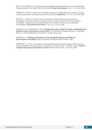 Sustentabilidade de Recursos Florestais Capítulo 3 39
DIAS, A. M; ALMEIDA, L. M. Natural Enemies Associated with Maconellicoccus hirsutus (Hemiptera:
Pseudococcidae) in the State of São Paulo, Brazil. Florida Entomologist, v. 99, n. 1, p. 21-25, 2016.
PERSAD, A.; KHAN, A. Comparison of life table parameters for Maconellicoccus hirsutus, Anagyrus
kamali, Cryptolaemus montrouzieri and Scymnus coccivora. BioControl, v.47, n.2, p.137-149, 2002.
PERSAD, A.; KHAN, A. The effect of five insecticides on Maconellicoccus hirsutus (Green)
(Homoptera: Pseudococcidae) and its natural enemies Anagyrus kamali Moursi (Hymenoptera:
Encyrtidae), Cryptolaemus montrouzieri Mulsant and Scymnus coccivora Aiyar (Coleoptera:
Coccinellidae). International Pest Control, v.42, n.5, p.170-173, 2000.
SANCHES, N. F.; CARVALHO, R. da S. Procedimentos para manejo da criação e multiplicação do
predador exótico Cryptolaemus montrouzieri. Cruz das Almas: Embrapa Mandioca e Fruticultura,
2010. 5 p. (Embrapa Mandioca e Fruticultura. Circular técnica, 99).
SAGARRA, L. A. Biology and behaviour of the parasitoid Anagyrus kamali Moursi
(Hymenoptera: Encyrtidae). Tese de Doutorado. McGill University Libraries. 1999.
TAMBASCO, F. J. et al. Um exemplo de praga quarentenária: Cochonilha-rosada, Maconellicoccus
hirsutus (Hemiptera: Pseudococcidae). In: VILELA, E.F.; ZUCCHI, R.A.; CANTOR, F. (Ed.). Histórico
e impacto das pragas introduzidas no Brasil. Ribeirão Preto: Holos, p. 149-153, 2000.
 