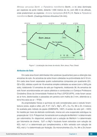 Sustentabilidade de Recursos Florestais Capítulo 5 59
Mimosa verrucosa Benth. e Piptadenia moniliformis Benth.; e iii) área dominada
por espécies de porte médio, distante 1.000 metros do rio, com 280 m de altitude,
onde predominam as espécies: Annona leptopetala (R.E.Fr.) H. Raine e Piptadenia
moniliformis Benth. (Caatinga Arbóreo-Arbustiva CAr-Arb).
Figura 1. Localização das áreas de estudo, Bom Jesus, Piauí, Brasil.
Atributos do Solo
Em cada área foram delimitadas três subáreas (quadrantes) para a obtenção das
amostras de solo. As amostras de solos foram coletadas na profundidade de 0-10 cm.
Em cada área foram separadas quatro subamostras compostas por quadrante (Q1,
Q2 e Q3), obtidas a partir de 16 amostras simples coletadas ao acaso (com ± 500 g de
solo), totalizando 12 amostras de solo por fragmento, totalizando 36. As amostras de
solo foram acondicionadas em sacos plásticos e conduzidas a o Campus Professora
Cinobelina Elvas da Universidade Federal do Piauí (CPCE/UFPI), onde foram secas
ao ar livre, destorroadas e passadas em peneira com malha de 2 mm, obtendo-se a
terra fina seca ao ar – TFSA.
As propriedades físicas e químicas do solo consideradas para o estudo foram:
textura (areia, argila e silte), pH, P, K+
, Ca
2
+, Mg2
+, Al
3
+, Cu, Fe, Mn e Zn. A textura
foi avaliada pelo método da pipeta (EMBRAPA, 1997). A acidez do solo (pH – H2O)
foi medida por meio de eletrodo combinado, imerso em uma suspensão solo/água na
proporção de 1:2,5. P disponível, foi extraído com a solução de Mehlich-1 e determinado
por colorimetria; K+ disponível, extraído com a solução de Mehlich-1 e determinado
por fotometria de chama; Ca2
+ e Mg2
+ trocáveis foram extraídos com solução de
KCL mol L-1 e determinado por complexometria; e Al3+ extraído com solução de
KCL mol L-1 e determinado por titulação. Os micronutrientes (Cu, Fe, Mn e Zn) foram
 