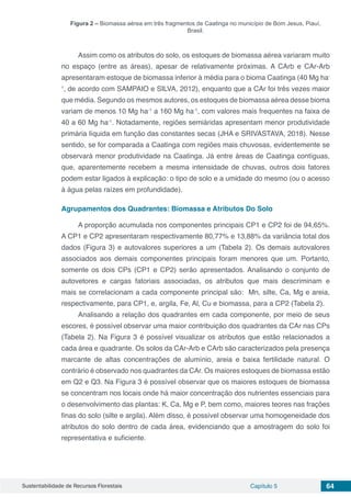 Sustentabilidade de Recursos Florestais Capítulo 5 64
Figura 2 – Biomassa aérea em três fragmentos de Caatinga no município de Bom Jesus, Piauí,
Brasil.
Assim como os atributos do solo, os estoques de biomassa aérea variaram muito
no espaço (entre as áreas), apesar de relativamente próximas. A CArb e CAr-Arb
apresentaram estoque de biomassa inferior à média para o bioma Caatinga (40 Mg ha-
1
, de acordo com SAMPAIO e SILVA, 2012), enquanto que a CAr foi três vezes maior
que média. Segundo os mesmos autores, os estoques de biomassa aérea desse bioma
variam de menos 10 Mg ha-1
a 160 Mg ha-1
, com valores mais frequentes na faixa de
40 a 60 Mg ha-1
. Notadamente, regiões semiáridas apresentam menor produtividade
primária líquida em função das constantes secas (JHA e SRIVASTAVA, 2018). Nesse
sentido, se for comparada a Caatinga com regiões mais chuvosas, evidentemente se
observará menor produtividade na Caatinga. Já entre áreas de Caatinga contíguas,
que, aparentemente recebem a mesma intensidade de chuvas, outros dois fatores
podem estar ligados à explicação: o tipo de solo e a umidade do mesmo (ou o acesso
à água pelas raízes em profundidade).
Agrupamentos dos Quadrantes: Biomassa e Atributos Do Solo
A proporção acumulada nos componentes principais CP1 e CP2 foi de 94,65%.
A CP1 e CP2 apresentaram respectivamente 80,77% e 13,88% da variância total dos
dados (Figura 3) e autovalores superiores a um (Tabela 2). Os demais autovalores
associados aos demais componentes principais foram menores que um. Portanto,
somente os dois CPs (CP1 e CP2) serão apresentados. Analisando o conjunto de
autovetores e cargas fatoriais associadas, os atributos que mais descriminam e
mais se correlacionam a cada componente principal são: Mn, silte, Ca, Mg e areia,
respectivamente, para CP1, e, argila, Fe, Al, Cu e biomassa, para a CP2 (Tabela 2).
Analisando a relação dos quadrantes em cada componente, por meio de seus
escores, é possível observar uma maior contribuição dos quadrantes da CAr nas CPs
(Tabela 2). Na Figura 3 é possível visualizar os atributos que estão relacionados a
cada área e quadrante. Os solos da CAr-Arb e CArb são caracterizados pela presença
marcante de altas concentrações de alumínio, areia e baixa fertilidade natural. O
contrário é observado nos quadrantes da CAr. Os maiores estoques de biomassa estão
em Q2 e Q3. Na Figura 3 é possível observar que os maiores estoques de biomassa
se concentram nos locais onde há maior concentração dos nutrientes essenciais para
o desenvolvimento das plantas: K, Ca, Mg e P, bem como, maiores teores nas frações
finas do solo (silte e argila). Além disso, é possível observar uma homogeneidade dos
atributos do solo dentro de cada área, evidenciando que a amostragem do solo foi
representativa e suficiente.
 