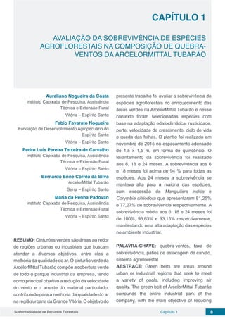 Capítulo 1 8Sustentabilidade de Recursos Florestais
CAPÍTULO 1
AVALIAÇÃO DA SOBREVIVÊNCIA DE ESPÉCIES
AGROFLORESTAIS NA COMPOSIÇÃO DE QUEBRA-
VENTOS DA ARCELORMITTAL TUBARÃO
Aureliano Nogueira da Costa
Instituto Capixaba de Pesquisa, Assistência
Técnica e Extensão Rural
Vitória – Espírito Santo
Fabio Favarato Nogueira
Fundação de Desenvolvimento Agropecuário do
Espírito Santo
Vitória – Espírito Santo
Pedro Luís Pereira Teixeira de Carvalho
Instituto Capixaba de Pesquisa, Assistência
Técnica e Extensão Rural
Vitória – Espírito Santo
Bernardo Enne Corrêa da Silva
ArcelorMittal Tubarão
Serra – Espírito Santo
Maria da Penha Padovan
Instituto Capixaba de Pesquisa, Assistência
Técnica e Extensão Rural
Vitória – Espírito Santo
RESUMO: Cinturões verdes são áreas ao redor
de regiões urbanas ou industriais que buscam
atender a diversos objetivos, entre eles a
melhoria da qualidade do ar. O cinturão verde da
ArcelorMittal Tubarão compõe a cobertura verde
de todo o parque industrial da empresa, tendo
como principal objetivo a redução da velocidade
do vento e o arraste do material particulado,
contribuindo para a melhoria da qualidade do ar
naregiãourbanadaGrandeVitória.Oobjetivodo
presente trabalho foi avaliar a sobrevivência de
espécies agroflorestais no enriquecimento das
áreas verdes da ArcelorMittal Tubarão e nesse
contexto foram selecionadas espécies com
base na adaptação edafoclimática, rusticidade,
porte, velocidade de crescimento, ciclo de vida
e queda das folhas. O plantio foi realizado em
novembro de 2015 no espaçamento adensado
de 1,5 x 1,5 m, em forma de quincôncio. O
levantamento da sobrevivência foi realizado
aos 6, 18 e 24 meses. A sobrevivência aos 6
e 18 meses foi acima de 94 % para todas as
espécies. Aos 24 meses a sobrevivência se
manteva alta para a maioria das espécies,
com execessão de Manguifera indica e
Corymbia citriodora que apresentaram 81,25%
e 77,27% de sobrevivencia respectivamente. A
sobrevivência média aos 6, 18 e 24 meses foi
de 100%, 98,63% e 93,13% respectivamente,
manifestando uma alta adaptação das espécies
no ambiente industrial.
PALAVRA-CHAVE: quebra-ventos, taxa de
sobrevivência, pátios de estocagem de carvão,
sistema agroflorestal
ABSTRACT: Green belts are areas around
urban or industrial regions that seek to meet
a variety of goals, including improving air
quality. The green belt of ArcelorMittal Tubarão
surrounds the entire industrial park of the
company, with the main objective of reducing
 