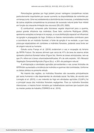 Sustentabilidade de Recursos Florestais Capítulo 7 89
referente aos anos 2005 (A), 2010 (B), 2015 (C) e 2017 (D).
Perturbações geradas por fogo podem prover vantagens competitivas iniciais
particularmente importantes por causar aumento na disponibilidade de nutrientes por
um tempo curto. Uma vez estabelecida a dominância das invasoras, o estabelecimento
de outras espécies competidoras no processo de sucessão natural pode ficar inibido
em função da crescente limitação dos recursos (ZILLER, 2000).
O combustível, composto pela biomassa vegetal disponível para a queima,
possui grande influência nos incêndios. Esse fator, conforme Rodrigues (2009),
apresenta variações no tempo e no espaço, e a sua distribuição espacial vai influenciar
na ignição e propagação do fogo. Embora os fatores mencionados contribuam para
a ocorrência de um incêndio florestal, a fonte de ignição é na verdade, a que mais
preocupa especialistas em combates a incêndios florestais, podendo essa fonte ser
de origem natural ou humana.
Estudo como França et al. (2018) evidenciam o uso e ocupação do terreno
da RPPN Fartura. Os autores afirmam que cerca de 47% da área da reserva ainda
apreseta cobertura florestal nativa (Figura 5a). Dentre as áreas antropizadas, tem-se
que 3% refere-se à áreas urbanizadas/edificadas; 6% de solo exposto; 18% Mosaico
Vegetação Campreste/Agrícola (Figura 5b,c) e 26% de pastagem natural.
A antropização e atividades agrícolas pré-existentes e nas zonas limítrofes da
RPPN têm aumentado a incidência de incêndios e queimas não controladas, conforme
os dados obtidos no presente estudo.
Na maioria das regiões, os incêndios florestais são causados principalmente
por seres humanos e são dependentes de atividade social. Na Itália, de acordo com
Lovreglio et al. (2010), o uso indevido do fogo em atividades agrícolas (13,99%) foi
a principal causa dos incêndios florestais negligentes. Para os incêndios florestais
intencionais, a maioria foram iniciados por trabalhadores sazonais que buscam criar
ou manter postos de trabalho (TORRES et al., 2016).
 