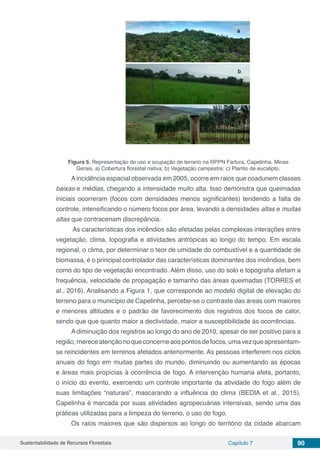 Sustentabilidade de Recursos Florestais Capítulo 7 90
Figura 5. Representação do uso e ocupação de terreno na RPPN Fartura, Capelinha, Minas
Gerais. a) Cobertura florestal nativa; b) Vegetação campestre; c) Plantio de eucalipto.
Aincidência espacial observada em 2005, ocorre em raios que coadunem classes
baixas e médias, chegando a intensidade muito alta. Isso demonstra que queimadas
iniciais ocorreram (focos com densidades menos significantes) tendendo a falta de
controle, intensificando o número focos por área, levando a densidades altas e muitas
altas que contracenam discrepância.
As características dos incêndios são afetadas pelas complexas interações entre
vegetação, clima, topografia e atividades antrópicas ao longo do tempo. Em escala
regional, o clima, por determinar o teor de umidade do combustível e a quantidade de
biomassa, é o principal controlador das características dominantes dos incêndios, bem
como do tipo de vegetação encontrado. Além disso, uso do solo e topografia afetam a
frequência, velocidade de propagação e tamanho das áreas queimadas (TORRES et
al., 2016). Analisando a Figura 1, que corresponde ao modelo digital de elevação do
terreno para o município de Capelinha, percebe-se o contraste das áreas com maiores
e menores altitudes e o padrão de favorecimento dos registros dos focos de calor,
sendo que que quanto maior a declividade, maior a susceptibilidade às ocorrências.
A diminuição dos registros ao longo do ano de 2010, apesar de ser positivo para a
região,mereceatençãonoqueconcerneaospontosdefocos,umavezqueapresentam-
se reincidentes em terrenos afetados anteriormente. As pessoas interferem nos ciclos
anuais do fogo em muitas partes do mundo, diminuindo ou aumentando as épocas
e áreas mais propícias à ocorrência de fogo. A intervenção humana afeta, portanto,
o início do evento, exercendo um controle importante da atividade do fogo além de
suas limitações “naturais”, mascarando a influência do clima (BEDIA  et  al., 2015).
Capelinha é marcada por suas atividades agropecuárias intensivas, sendo uma das
práticas utilizadas para a limpeza do terreno, o uso do fogo.
Os raios maiores que são dispersos ao longo do território da cidade abarcam
 