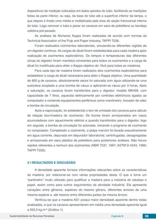 Sustentabilidade de Recursos Florestais Capítulo 8 99
dispositivos de medição colocados em lados opostos do tubo, facilitando as medições
feitas da parte inferior, ou seja, da base do tubo até a superfície inferior da tampa, o
que depois é tirado uma média e multiplicada pela área de seção transversal interna
do tubo. Logo remover o tubo e pesar os cavacos em saco de polietileno ou bandeja
coletora pré-pesado.
As análises de Números Kappa foram realizadas de acordo com normas da
Technical Association of the Pulp and Paper Industry, TAPPI T236.
Foram realizados cozimentos laboratoriais, simulando-se diferentes regiões de
um digestor contínuo. As cargas de álcali foram estabelecidas para cada madeira após
realização de cozimentos exploratórios. Os tempos e temperaturas das diferentes
zonas do digestor foram mantidos constantes para todos os cozimentos e a carga de
álcali foi modificada para obter o Kappa objetivo de 16±5 para todas as madeiras.
Para cada tipo de madeira foram realizados dois cozimentos exploratórios para
estabelecer a carga de álcali necessária para obter o Kappa objetivo. Uma quantidade
de 800 g de cavacos, absolutamente secos foi saturada com água utilizando-se uma
autoclave acoplada a uma bomba de vácuo e aplicando-se vácuo por 3 horas. Após
a saturação, os cavacos foram transferidos para o digestor, modelo MK409, com
capacidade de 7 litros, aquecido eletricamente por controles eletrônicos ligados ao
computador e contendo equipamentos periféricos como manômetro, trocador de calor
e bomba de circulação.
Após a vaporização, foi estabelecido o teor de umidade dos cavacos para cálculo
da relação licor/madeira do cozimento. Os licores foram armazenados em vasos
acumuladores com aquecimento elétrico e quando transferidos para o digestor, logo
em seguida, a bomba de circulação foi acionada, iniciando o programa de cozimento
no computador. Completado o cozimento, a polpa marrom foi lavada exaustivamente
em água corrente, depurada em depurador laboratorial, centrifugadas, desagregadas
e armazenada em saco plástico de polietileno para posteriores análises. Não houve
rejeitos referentes a nenhum dos cozimentos (NBR 7537, 1997; ASTM D 4243, 1999;
TAPPI T230).
3 | 	RESULTADOS E DISCUSSÃO
A densidade aparente fornece informações relevantes sobre as características
da madeira, por relacionar-se com várias propriedades desta. O que a torna um
“parâmetro” muito utilizado para qualificar a madeira para a indústria de celulose e
papel, assim como para outros seguimentos da atividade industrial. Ela apresenta
variações entre gêneros, espécies do mesmo gênero, diferentes árvores de uma
mesma espécie e, até mesmo entre diferentes partes da mesma árvore.
Verificou-se que a madeira AS1 possui maior densidade aparente dentre todas
analisadas, e que os cavacos apresentaram em média uma densidade aparente igual
a 203,5 kg.m-
³ (Gráfico 1).
 