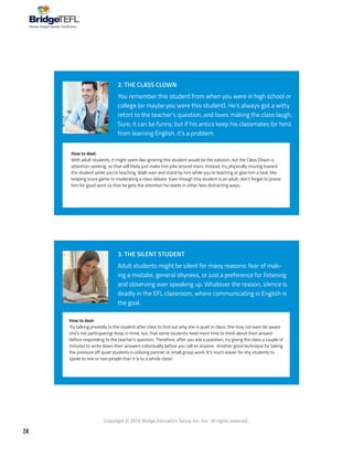 24
Copyright © 2018 Bridge Education Group Inc. Inc. All rights reserved.
Premier English Teacher Certification
Adult students might be silent for many reasons: fear of mak-
ing a mistake, general shyness, or just a preference for listening
and observing over speaking up. Whatever the reason, silence is
deadly in the EFL classroom, where communicating in English is
the goal.
How to deal:
Try talking privately to the student after class to find out why she is quiet in class. She may not even be aware
she’s not participating! Keep in mind, too, that some students need more time to think about their answer
before responding to the teacher’s question. Therefore, after you ask a question, try giving the class a couple of
minutes to write down their answers individually before you call on anyone. Another good technique for taking
the pressure off quiet students is utilizing partner or small group work. It’s much easier for shy students to
speak to one or two people than it is to a whole class!
You remember this student from when you were in high school or
college (or maybe you were this student). He’s always got a witty
retort to the teacher’s question, and loves making the class laugh.
Sure, it can be funny, but if his antics keep his classmates (or him)
from learning English, it’s a problem.
How to deal:
With adult students, it might seem like ignoring this student would be the solution, but the Class Clown is
attention-seeking, so that will likely just make him joke around more. Instead, try physically moving toward
the student while you’re teaching. Walk over and stand by him while you’re teaching or give him a task, like
keeping score game or moderating a class debate. Even though this student is an adult, don’t forget to praise
him for good work so that he gets the attention he needs in other, less distracting ways.
3. THE SILENT STUDENT
2. THE CLASS CLOWN
 