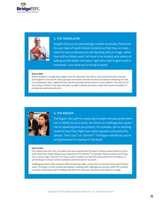 25
Copyright © 2018 Bridge Education Group Inc. Inc. All rights reserved.
Premier English Teacher Certification
Imagine that you’ve painstakingly created vocabulary flashcards
for your class of Saudi Arabian students so that they can asso-
ciate the new vocabulary you are teaching with an image, rather
than with an Arabic word. Yet there’s one student who insists on
calling out the Arabic translation right after each English word is
presented—just what you’re trying to avoid!
The Arguer has a gift for analyzing concepts and pays great atten-
tion to detail, but as a result, she seems to challenge every gram-
mar or speaking point you present. For example, you’re teaching
students how they might hear native speakers pronounce the
phrase, “Don’t you?” as “dōnchū?” The Arguer will tell you you’re
wrong because it’s nowhere in the book!
4. THE TRANSLATOR
5. THE ARGUER
How to deal:
While translation is usually discouraged in the EFL classroom, the truth is, some students do learn this way
and maybe he’s one of them. Have a private conversation with this student and instead of chastising him with
“no translating in class,” validate the fact that this learning method works for some students. Then ask him, for
the courtesy of others in the class who learn visually, to please write down, rather than say the translation, if
he feels this method benefits him.
How to deal:
First, always stay cool, calm, and patient and avoid arguing with the Arguer. Instead, present evidence of your
point rather than simply relying on your expertise as “the teacher.” For example, make an activity out of bring-
ing in a short song or clip from a TV show, in which students can hear this pronunciation for themselves. Or,
ask the Arguer to bring in similar examples to demonstrate her own point.
Challenging students often represent different learning styles, so bear that in mind when faced with The Dom-
inator, The Arguer, or other student personalities. Knowing what challenges you and your adult TEFL students
can expect and having a plan for dealing with them can make your classroom much easier to manage.
 