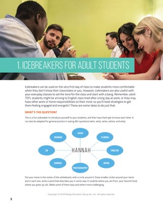 6
Copyright © 2018 Bridge Education Group Inc. Inc. All rights reserved.
Premier English Teacher Certification
WHAT´S THE QUESTION?
This is a fun icebreaker to introduce yourself to your students, and then have them get to know each other. It
can also be adapted for general practice in asking Wh-questions (who, what, when, where, and why).
Icebreakers can be used on the very first day of class to make students more comfortable
when they don’t know their classmates or you. However, icebreakers are also useful with
your everyday classes to set the tone for the class and start with a bang. Remember, adult
TEFL students might be arriving to English class tired after a long day at work, or they may
have other work or home responsibilities on their mind, so you’ll need strategies to get
them feeling engaged and energetic! These are some ideas to do just that.
Put your name in the center of the whiteboard, with a circle around it. Draw smaller circles around your name
and in each one, write a word that describes you in some way. It could be where you are from, your favorite food,
where you grew up, etc. Make some of them easy and others more challenging.
1. Icebreakers for Adult Students
 