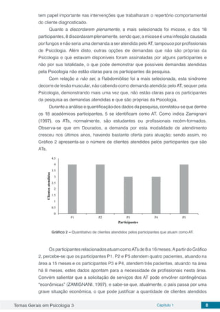 Temas Gerais em Psicologia 3 Capítulo 1 8
tem papel importante nas intervenções que trabalharam o repertório comportamental
do cliente diagnosticado.
Quanto a discordarem plenamente, a mais selecionada foi micose, e dos 18
participantes, 8 discordaram plenamente, sendo que, a micose é uma infecção causada
por fungos e não seria uma demanda a ser atendida peloAT, tampouco por profissionais
de Psicologia. Além disto, outras opções de demandas que não são próprias da
Psicologia e que estavam disponíveis foram assinaladas por alguns participantes e
não por sua totalidade, o que pode demonstrar que possíveis demandas atendidas
pela Psicologia não estão claras para os participantes da pesquisa.
Com relação a não sei, a Rabdomiólise foi a mais selecionada, esta síndrome
decorre de lesão muscular, não cabendo como demanda atendida pelo AT, sequer pela
Psicologia, demonstrando mais uma vez que, não estão claras para os participantes
da pesquisa as demandas atendidas e que são próprias da Psicologia.
Durante a análise e quantificação dos dados da pesquisa, constatou-se que dentre
os 18 acadêmicos participantes, 5 se identificam como AT. Como indica Zamignani
(1997), os ATs, normalmente, são estudantes ou profissionais recém-formados.
Observa-se que em Dourados, a demanda por esta modalidade de atendimento
cresceu nos últimos anos, havendo bastante oferta para atuação; sendo assim, no
Gráfico 2 apresenta-se o número de clientes atendidos pelos participantes que são
ATs.
Gráfico 2 – Quantitativo de clientes atendidos pelos participantes que atuam como AT.
Os participantes relacionados atuam comoATs de 8 a 16 meses.Apartir do Gráfico
2, percebe-se que os participantes P1, P2 e P5 atendem quatro pacientes, atuando na
área a 15 meses e os participantes P3 e P4, atendem três pacientes, atuando na área
há 8 meses, estes dados apontam para a necessidade de profissionais nesta área.
Convém salientar que a solicitação de serviços dos AT pode envolver contingências
“econômicas” (ZAMIGNANI, 1997), e sabe-se que, atualmente, o país passa por uma
grave situação econômica, o que pode justificar a quantidade de clientes atendidos
 