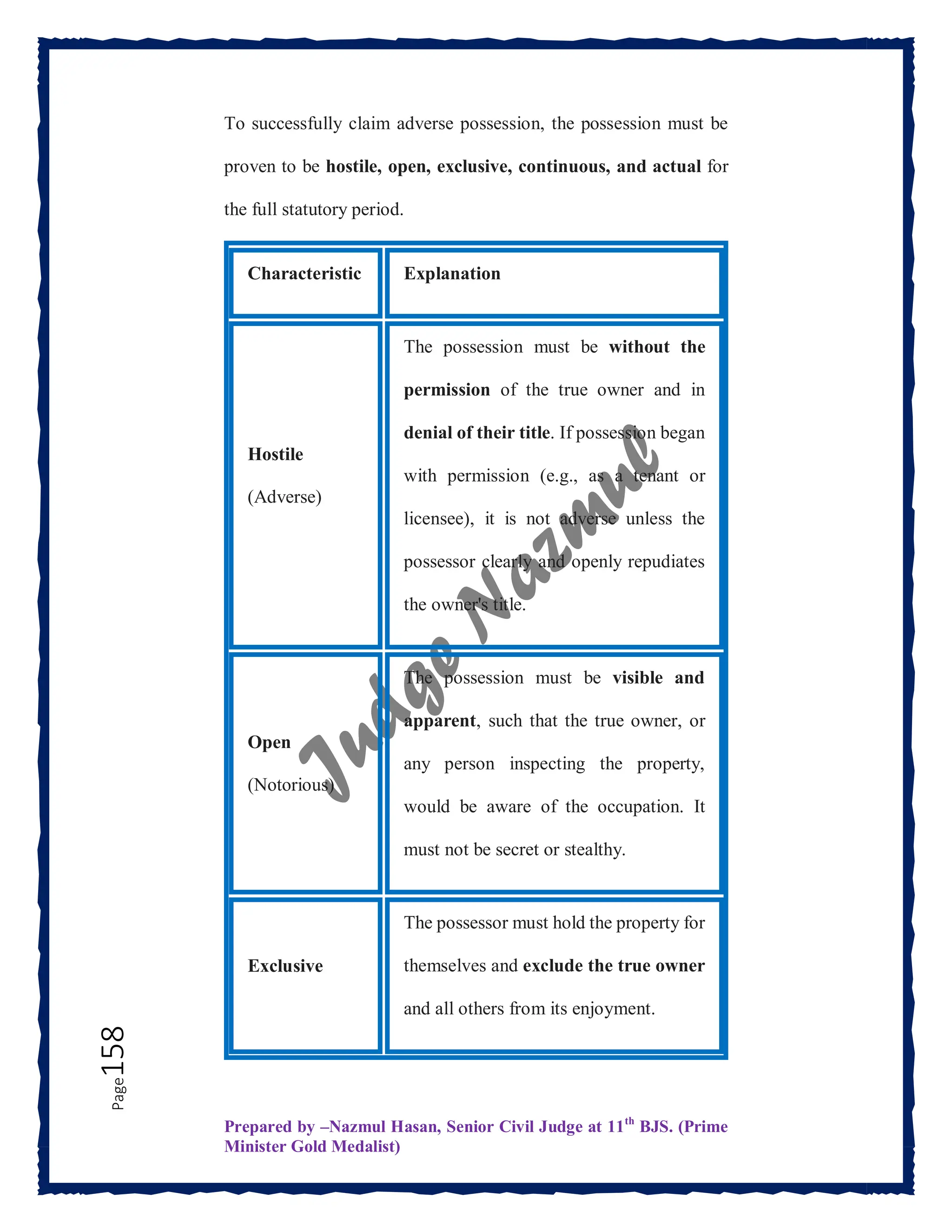 Prepared by –Nazmul Hasan, Senior Civil Judge at 11th
BJS. (Prime
Minister Gold Medalist)
Page
158 To successfully claim adverse possession, the possession must be
proven to be hostile, open, exclusive, continuous, and actual for
the full statutory period.
Characteristic Explanation
Hostile
(Adverse)
The possession must be without the
permission of the true owner and in
denial of their title. If possession began
with permission (e.g., as a tenant or
licensee), it is not adverse unless the
possessor clearly and openly repudiates
the owner's title.
Open
(Notorious)
The possession must be visible and
apparent, such that the true owner, or
any person inspecting the property,
would be aware of the occupation. It
must not be secret or stealthy.
Exclusive
The possessor must hold the property for
themselves and exclude the true owner
and all others from its enjoyment.
 