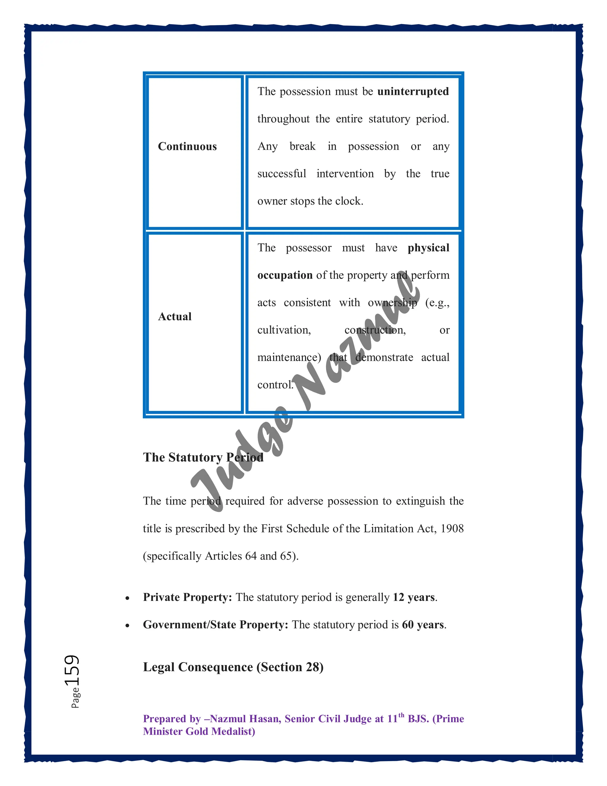 Prepared by –Nazmul Hasan, Senior Civil Judge at 11th
BJS. (Prime
Minister Gold Medalist)
Page
159
The Statutory Period
The time period required for adverse possession to extinguish the
title is prescribed by the First Schedule of the Limitation Act, 1908
(specifically Articles 64 and 65).
 Private Property: The statutory period is generally 12 years.
 Government/State Property: The statutory period is 60 years.
Legal Consequence (Section 28)
Continuous
The possession must be uninterrupted
throughout the entire statutory period.
Any break in possession or any
successful intervention by the true
owner stops the clock.
Actual
The possessor must have physical
occupation of the property and perform
acts consistent with ownership (e.g.,
cultivation, construction, or
maintenance) that demonstrate actual
control.
 