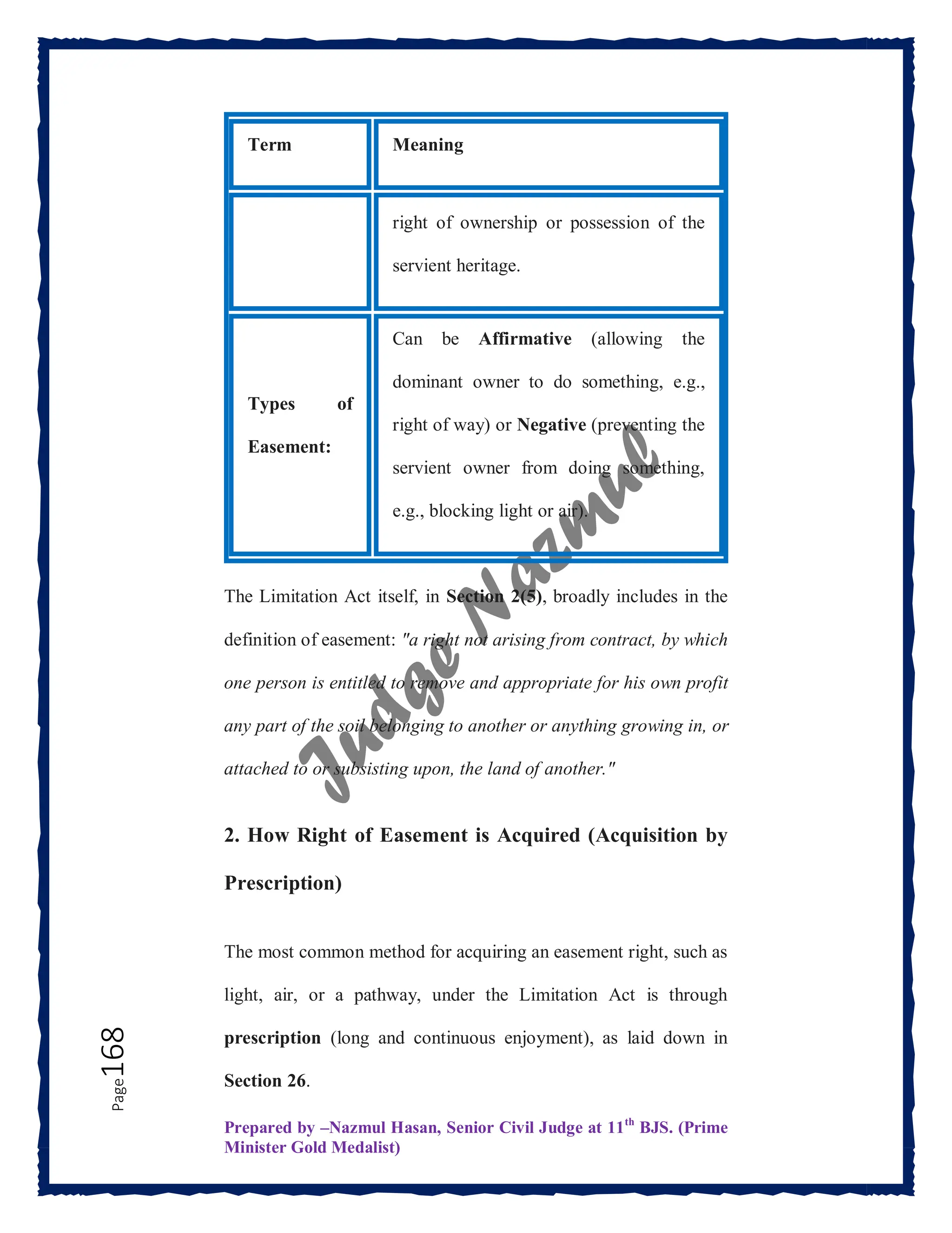 Prepared by –Nazmul Hasan, Senior Civil Judge at 11th
BJS. (Prime
Minister Gold Medalist)
Page
168
Term Meaning
right of ownership or possession of the
servient heritage.
Types of
Easement:
Can be Affirmative (allowing the
dominant owner to do something, e.g.,
right of way) or Negative (preventing the
servient owner from doing something,
e.g., blocking light or air).
The Limitation Act itself, in Section 2(5), broadly includes in the
definition of easement: "a right not arising from contract, by which
one person is entitled to remove and appropriate for his own profit
any part of the soil belonging to another or anything growing in, or
attached to or subsisting upon, the land of another."
2. How Right of Easement is Acquired (Acquisition by
Prescription)
The most common method for acquiring an easement right, such as
light, air, or a pathway, under the Limitation Act is through
prescription (long and continuous enjoyment), as laid down in
Section 26.
 