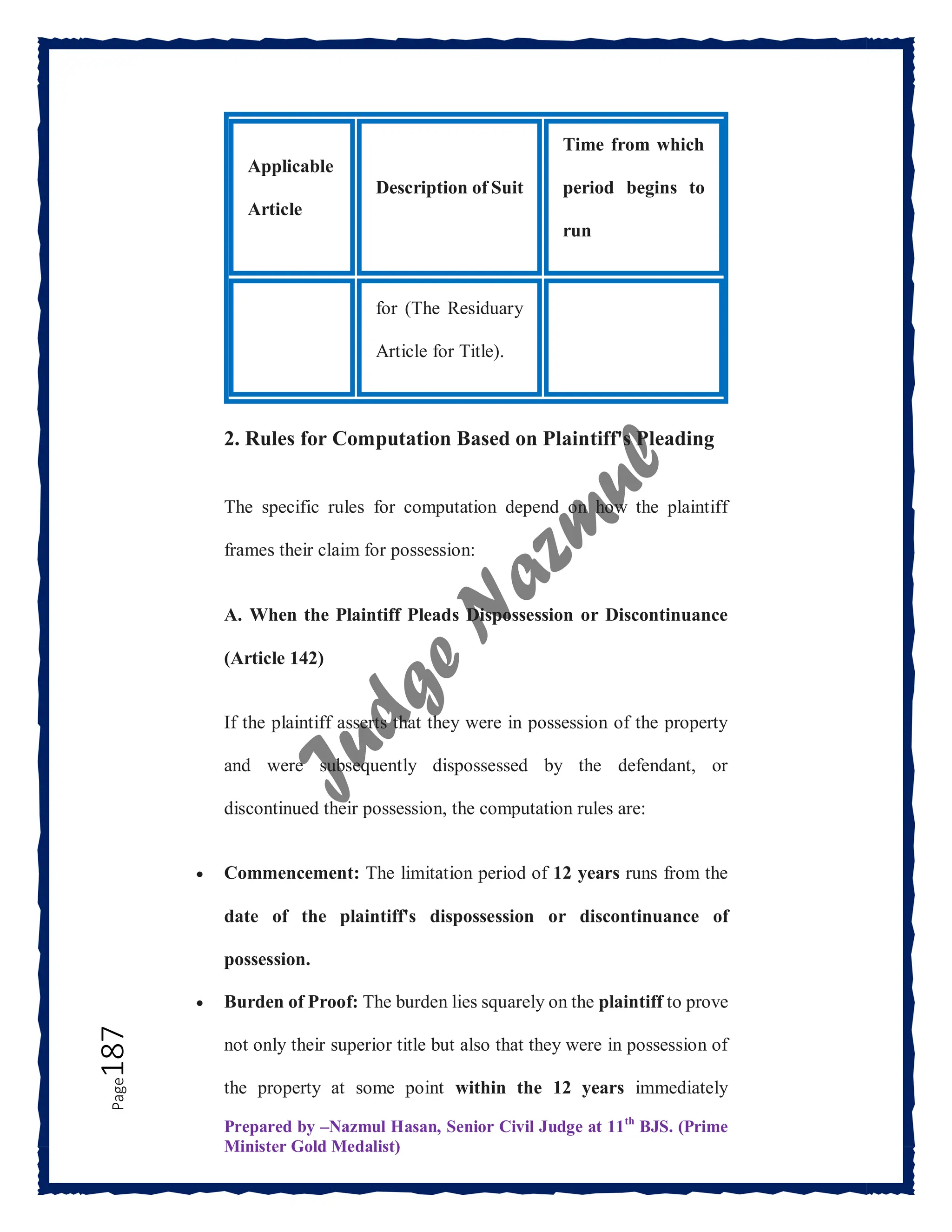 Prepared by –Nazmul Hasan, Senior Civil Judge at 11th
BJS. (Prime
Minister Gold Medalist)
Page
187
Applicable
Article
Description of Suit
Time from which
period begins to
run
for (The Residuary
Article for Title).
2. Rules for Computation Based on Plaintiff's Pleading
The specific rules for computation depend on how the plaintiff
frames their claim for possession:
A. When the Plaintiff Pleads Dispossession or Discontinuance
(Article 142)
If the plaintiff asserts that they were in possession of the property
and were subsequently dispossessed by the defendant, or
discontinued their possession, the computation rules are:
 Commencement: The limitation period of 12 years runs from the
date of the plaintiff's dispossession or discontinuance of
possession.
 Burden of Proof: The burden lies squarely on the plaintiff to prove
not only their superior title but also that they were in possession of
the property at some point within the 12 years immediately
 