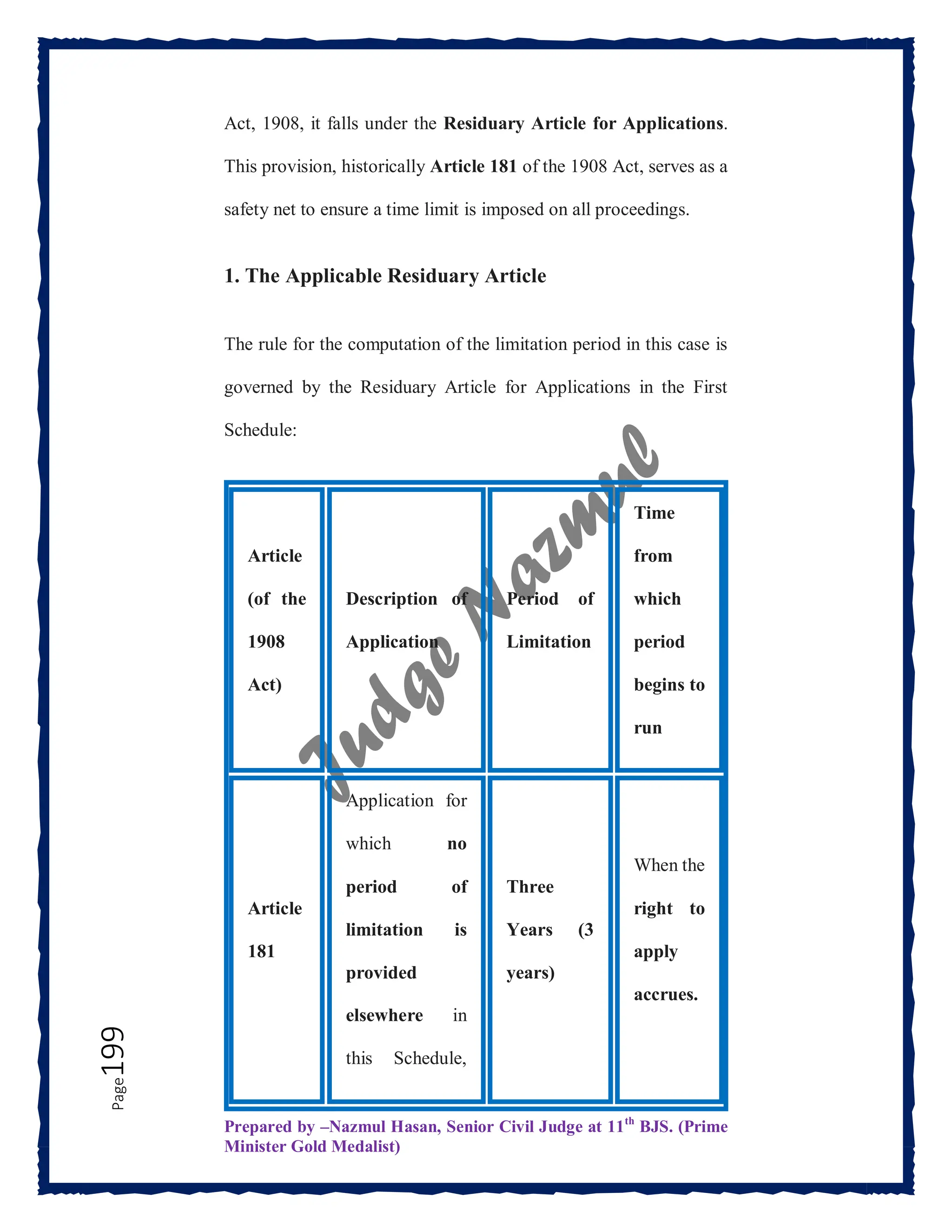 Prepared by –Nazmul Hasan, Senior Civil Judge at 11th
BJS. (Prime
Minister Gold Medalist)
Page
199 Act, 1908, it falls under the Residuary Article for Applications.
This provision, historically Article 181 of the 1908 Act, serves as a
safety net to ensure a time limit is imposed on all proceedings.
1. The Applicable Residuary Article
The rule for the computation of the limitation period in this case is
governed by the Residuary Article for Applications in the First
Schedule:
Article
(of the
1908
Act)
Description of
Application
Period of
Limitation
Time
from
which
period
begins to
run
Article
181
Application for
which no
period of
limitation is
provided
elsewhere in
this Schedule,
Three
Years (3
years)
When the
right to
apply
accrues.
 