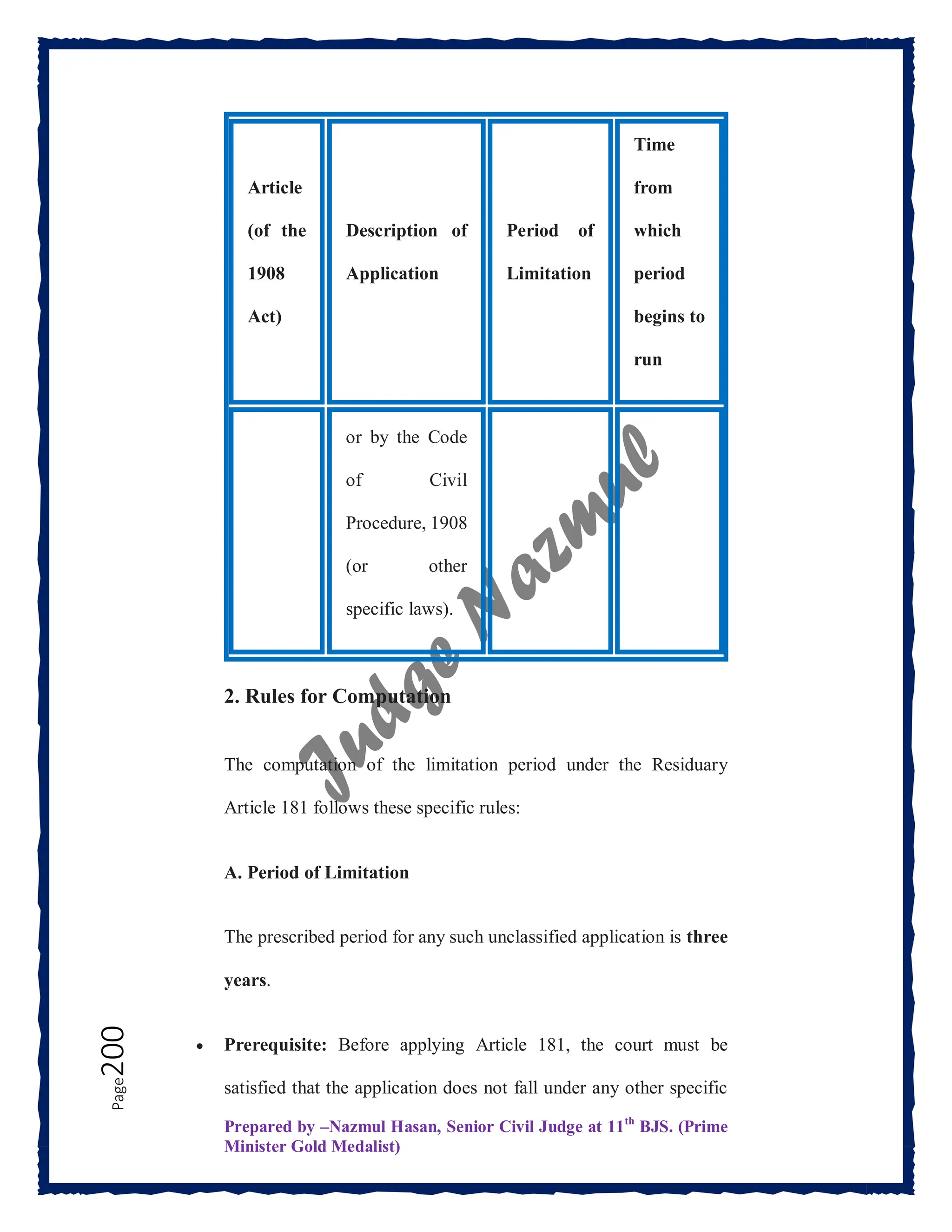 Prepared by –Nazmul Hasan, Senior Civil Judge at 11th
BJS. (Prime
Minister Gold Medalist)
Page
200
Article
(of the
1908
Act)
Description of
Application
Period of
Limitation
Time
from
which
period
begins to
run
or by the Code
of Civil
Procedure, 1908
(or other
specific laws).
2. Rules for Computation
The computation of the limitation period under the Residuary
Article 181 follows these specific rules:
A. Period of Limitation
The prescribed period for any such unclassified application is three
years.
 Prerequisite: Before applying Article 181, the court must be
satisfied that the application does not fall under any other specific
 