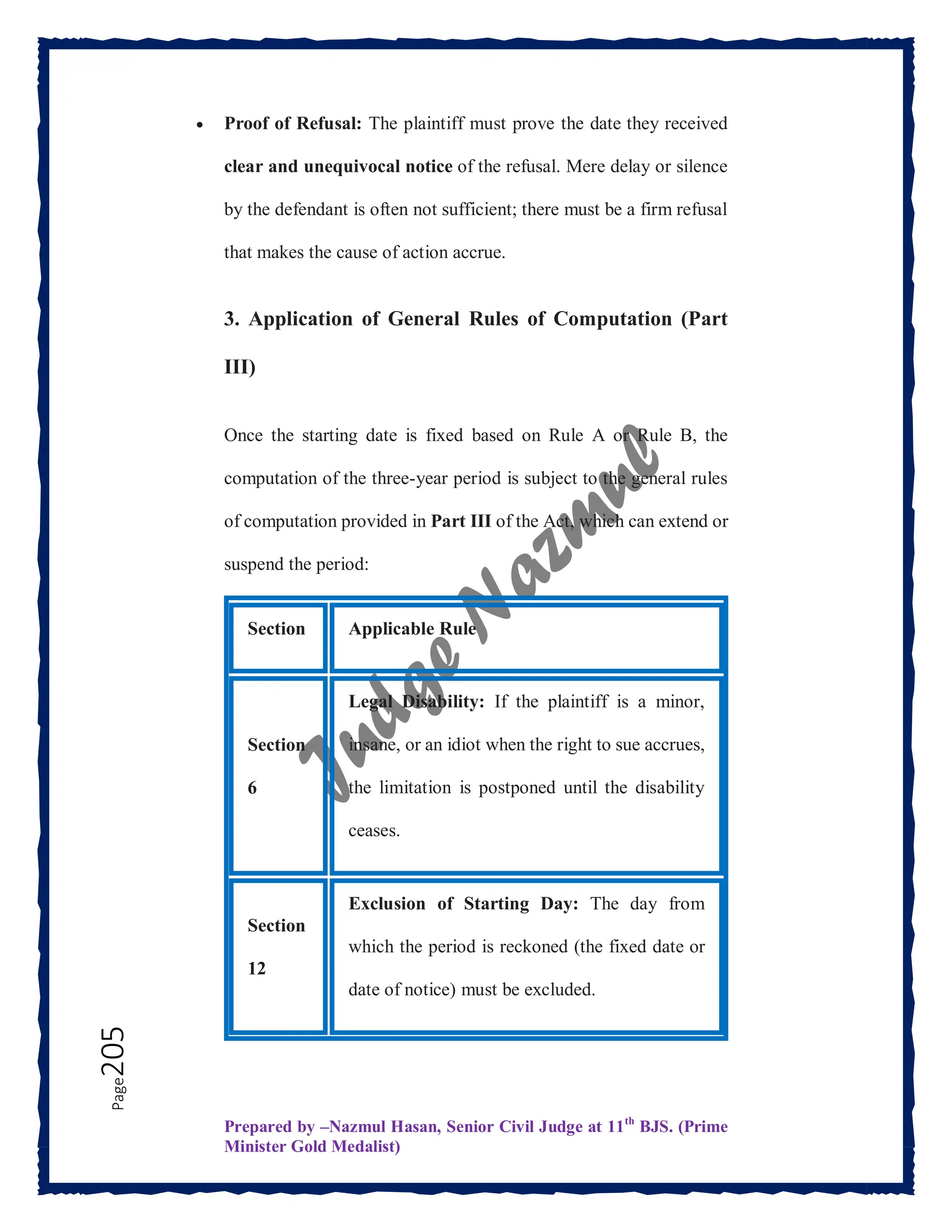 Prepared by –Nazmul Hasan, Senior Civil Judge at 11th
BJS. (Prime
Minister Gold Medalist)
Page
205  Proof of Refusal: The plaintiff must prove the date they received
clear and unequivocal notice of the refusal. Mere delay or silence
by the defendant is often not sufficient; there must be a firm refusal
that makes the cause of action accrue.
3. Application of General Rules of Computation (Part
III)
Once the starting date is fixed based on Rule A or Rule B, the
computation of the three-year period is subject to the general rules
of computation provided in Part III of the Act, which can extend or
suspend the period:
Section Applicable Rule
Section
6
Legal Disability: If the plaintiff is a minor,
insane, or an idiot when the right to sue accrues,
the limitation is postponed until the disability
ceases.
Section
12
Exclusion of Starting Day: The day from
which the period is reckoned (the fixed date or
date of notice) must be excluded.
 