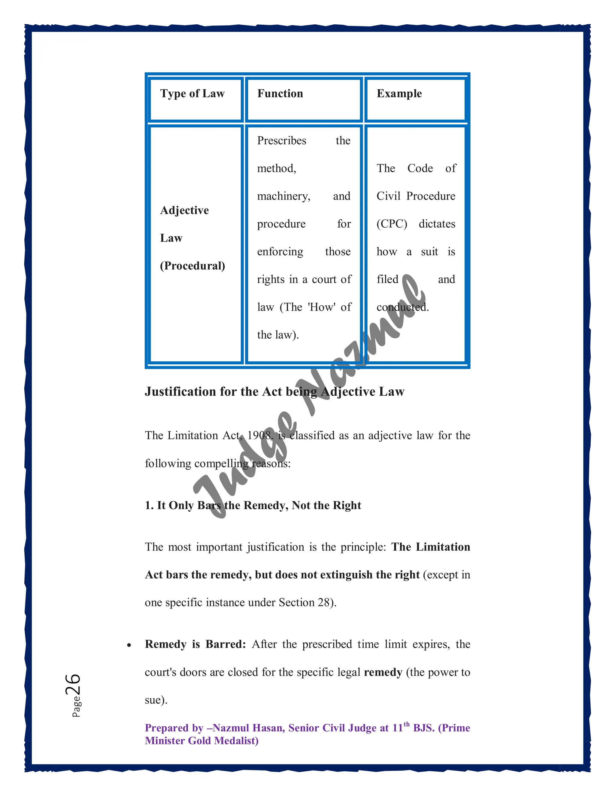 Prepared by –Nazmul Hasan, Senior Civil Judge at 11th
BJS. (Prime
Minister Gold Medalist)
Page
26
Type of Law Function Example
Adjective
Law
(Procedural)
Prescribes the
method,
machinery, and
procedure for
enforcing those
rights in a court of
law (The 'How' of
the law).
The Code of
Civil Procedure
(CPC) dictates
how a suit is
filed and
conducted.
Justification for the Act being Adjective Law
The Limitation Act, 1908, is classified as an adjective law for the
following compelling reasons:
1. It Only Bars the Remedy, Not the Right
The most important justification is the principle: The Limitation
Act bars the remedy, but does not extinguish the right (except in
one specific instance under Section 28).
 Remedy is Barred: After the prescribed time limit expires, the
court's doors are closed for the specific legal remedy (the power to
sue).
 