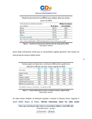www.consumidoresdigitais.com.br
Tudo o que você deveria saber sobre os consumidores digitais e ainda NÃO sabe
© Danielle Vieira – versão 1
11
Figura 1 – Usuários da internet que visitaram sites de varejo (junho 2013)
Reprodução: Hytrade
Outro dado interessante revela que os consumidores digitais gastaram mais tempo em
sites de loja de varejo e leilões online.
Figura 2 – Tempo médio gasto em sites e-commerce (março a agosto 2013)
Reprodução: Hytrade
As redes sociais também se destacam quando o assunto é compras online. Segundo o
Social Media Report da Nilsen, 70% dos internautas ativos em redes sociais
 