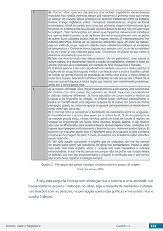 Turismo, Lazer e Negócios 2 Capítulo 10 124
7 A) Curioso dizer que em decorrência dos moldes capitalistas extremamente
marcados nas nossas vivências desde que nascemos a primeira visão que temos
ao pensar em viagens segue princípios de destinos tradicionais como os Estados
Unidos, França, Inglaterra, enfim.. Pensamos inicialmente no Uruguai de forma
encantadora, afinal de contas seria uma das primeiras viagens internacionais que
faríamos, no entanto ainda ficou aquele pequeno pesar de porquê não um lugar mais
tecnológico, cheio de inovações, etc. Assim que chegamos, meu encanto inicial que
era apenas ilusório passou a ser de forma tão real e expressiva em mim ao ponto
de querer fazer daqueles poucos dias de viagem, eternos. É interessantíssimo ver
culturas diferentes, formas de se expressar diferentes (seja um corte de cabelo,
seja um estilo de roupa, seja em relação maior resistência biológica às variações
de temperatura.). Conhecer novos lugares soa sempre com um ar de surrealismo
e foi com esse ar que voltamos para casa. Trouxemos um pouco do que vimos e
deixamos um pouco do que somos.
B) Não me recordo muito bem desse evento “dia do patrimônio”, mas quanto à
cultura platina, era claramente notório a noção do patriotismo, celebrar e estar de
acordo com seu país respaldado por políticas de boa convivência e moradia.
C) O Brasil passou a ter outro significado na verdade, como vi a visão patriota, o
orgulho de ser uruguaio/uruguaia me fez criar relação com a cultura brasileira, afinal
de contas na grande maioria da população da minha faixa etária, o maior desejo é
morar fora do país, buscando melhores condições de vida que as que o Brasil dá. A
meu ver, isso enfraquece a minha nação que mesmo com intermináveis problemas,
ainda sim é minha pátria mãe.
8 A) O projeto Latinidade Luso-Hispânica proporcionou a nós alunos uma experiência
de contato com dois países tão próximos ao Brasil, mas com características
e culturas bastante diferentes. Já havia estudado um pouco sobre a história do
Uruguai e da Argentina no colégio, no entanto poder conhecer pessoalmente o
local e ter contato direto com algumas pessoas de lá mudou um pouco da minha
percepção quanto ao modo em que os uruguaios (principalmente) se relacionam e
como vivem seu dia-a-dia.
B) É incrível como é perceptível o sentimento de patriotismo entre os uruguaios.
É maravilhoso ver o quanto eles valorizam a cultura local. O dia do patrimônio é
as maiores provas disso, muitas famílias, gente de todas as idades e regiões do
Uruguai se encontrando em locais como museus, praças, teatros, e até mesmo
nas ruas de Montevidéu para acompanharem apresentações locais, visitações em
lugares que carregam profundamente a história do país, comerem pratos típicos. É
possível ver o quanto aquilo tudo é importante para os uruguaios e para a própria
construção da imagem do país. E mais, os quantos nos brasileiros estão distantes
dessa realidade...
C) Ver todo aquele patriotismo e orgulho que os uruguaios têm me fez pensar
um pouco sobre como nós brasileiros em geral nos comportamos. Passei a olhar
meu país com mais orgulho, afinal o Uruguai tem suas maravilhas e culturas
extraordinárias, e isso me fez pensar em porque não encontrar nas nossas terras
as belezas que nos são proporcionadas e cheguei à conclusão que o que temos
aqui é sim de se orgulhar e carregar sempre.
Quadro 2 - Percepção aos países visitados, a cultura platina e ao país de origem.
Fonte: As autoras, 2014.
A segunda pergunta iniciava com afirmação que o turismo é uma atividade que
frequentemente provoca mudanças no olhar, seja a respeito de elementos culturais,
nas relações com as pessoas, na percepção acerca das políticas entre outros, vide o
quadro 3 abaixo:
 