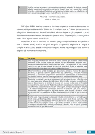 Turismo, Lazer e Negócios 2 Capítulo 10 126
8 Nos fez pensar no quanto é importante em qualquer situação de turismo buscar
adquirir previamente conhecimentos acerca do país e de sua história, bem como
entender a cultura local. Tudo isso nos faz ganhar tempo e prazer na relação com o
outro e sua realidade por vezes muito diferente da nossa
Quadro 3 - Transformação pessoal.
Fonte: As autoras, 2014.
O Projeto LLH trabalhou previamente vários aspectos a serem observados na
rota entre Uruguai (Montevidéu, Piriápolis, Punta Del Leste, e Colônia de Sacramento)
e Argentina (Buenos Aires), levando em conta a forma de percepção proposta, o aluno
deveria descrever em breves palavras em que medida o Projeto ajudou a ressignificar
o seu olhar a partir dessa experiência.
No quadro 4 está a narrativa da terceira pergunta que refere-se a experiência
com o câmbio entre; Brasil x Uruguai, Uruguai x Argentina, Argentina x Uruguai e
Uruguai x Brasil, para saber se incidiu de alguma forma na percepção dos alunos a
respeito de economia internacional.
Aluno Narrativa
1 Sim, eu pude perceber que apesar de várias críticas que fazemos sobre nossa
economia, vi que existem locais que ainda é pior. Na Argentina a moeda é fraca,
aproximadamente três vezes mais fraca que o Real. Lá os argentinos se preocupam
com o dólar, que é mais estável. No Uruguai a situação é pior, a ponto de eles
aceitarem nossa moeda em detrimento do Peso Uruguaio.
2 Diferentemente da União Europeia que possui uma única na maioria dos países
do bloco, os países visitados pertencentes ao MERCOSUL possuem moedas
diferentes. O câmbio me proporcionou a experiência de relacionar as moedas dos
três países, notando a maior valorização de umas em detrimento das outras
3 Se atentar à moeda é importante nesse caso, pois as coisas têm um valor diferente
em cada lugar, pela falta ou abundância de determinados produtos nesses locais,
isso se desconsiderar o câmbio da moeda em si, que conta caso for trocado
comercialmente, para turismo. O dólar é aceito em locais de demanda internacional,
o que facilita o acesso mundial, mas em uma viagem como a realizada pelo projeto
LLH, é necessário procurar saber sobre a moeda do país sim. Com essa atenção,
percebe-se a desvalorização de algumas moedas com relação a outras e como
alguns produtos são mais caros ou mais baratos devido ao local e ao que se produz
lá.
4 Sim, foi nesta viagem que aprendi o que é inflação, principalmente no termo Uruguai
Brasil, pois quando cheguei lá o câmbio estava assim: onde 1 real equivalia a 10
pesos uruguaios. Então ao trocar 100 reais. Poxa vida me senti o cara mais rico do
mundo. Pensei. Vou comprar o país; só que minha felicidade foi pouca. Pois quando
fui comprar uma coca cola em lata percebi que a mesma valia 40 pesos. (Saindo
ainda mais cara do que a brasileira.
 