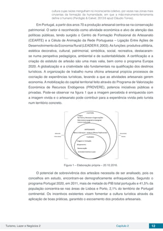 Turismo, Lazer e Negócios 2 Capítulo 2 12
cultura cujas raízes mergulham no inconsciente coletivo, por vezes nas zonas mais
cinzentas da formação da humanidade, em que a mão-instrumento-ferramenta
define o humano (Perdigão & Calvet, 2013:6 apud Cláudio Torres).
Em Portugal, a partir dos anos 70 a produção artesanal centra-se na conservação
patrimonial. O setor é reconhecido como atividade económica e alvo de atenção das
políticas públicas, tendo surgido o Centro de Formação Profissional do Artesanato
(CEARTE) e a Célula de Animação da Rede Portuguesa – Ligação Entre Ações de
Desenvolvimento da Economia Rural (LEADER II, 2003).As funções: produtiva utilitária,
estética decorativa, cultural, patrimonial, simbólica, social, recreativa, destacaram-
se numa perspetiva pedagógica, ambiental e de sustentabilidade. A certificação e a
criação do estatuto de artesão são uma mais valia, bem como o programa Europa
2020. A globalização e a criatividade são fundamentais na qualificação dos destinos
turísticos. A organização de trabalho numa oficina artesanal propícia processos de
cocriação de experiências turísticas, levando a que as atividades artesanais gerem
economia. A mobilização do capital territorial feito através do Programa de Valorização
Económica de Recursos Endógenos (PROVERE), potencia iniciativas públicas e
privadas. Pode-se observar na figura 1 que a imagem percebida é enriquecida com
a imagem vivida e o artesanato pode contribuir para a experiência vivida pelo turista
num território concreto.
Figura 1 – Elaboração própria – 20.10.2016.
O potencial de sobrevivência dos artesãos necessita de ser analisado, pois os
concelhos em estudo, encontram-se demograficamente enfraquecidos. Segundo o
programa Portugal 2020, em 2011, mais de metade do PIB total português e 41,5% da
população concentra-se nas áreas de Lisboa e Porto, 2,1% do território de Portugal
continental. Os incentivos existentes visam fomentar a cultura turística através da
aplicação de boas práticas, garantido o escoamento dos produtos artesanais.
 