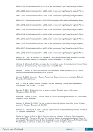 Turismo, Lazer e Negócios 2 Capítulo 3 21
AENA (2008). Estadísticas de trafico – 2008. AENA, Aeropuertos Españoles y Navegación Aérea.
AENA (2009). Estadísticas de trafico – 2009. AENA, Aeropuertos Españoles y Navegación Aérea.
AENA (2010). Estadísticas de trafico – 2010. AENA, Aeropuertos Españoles y Navegación Aérea.
AENA (2011). Estadísticas de trafico – 2011. AENA, Aeropuertos Españoles y Navegación Aérea.
AENA (2012). Estadísticas de trafico – 2012. AENA, Aeropuertos Españoles y Navegación Aérea.
AENA (2013). Estadísticas de trafico – 2013. AENA, Aeropuertos Españoles y Navegación Aérea.
AENA (2014). Estadísticas de trafico – 2014. AENA, Aeropuertos Españoles y Navegación Aérea.
AENA (2015). Estadísticas de trafico – 2015. AENA, Aeropuertos Españoles y Navegación Aérea.
AENA (2016). Estadísticas de trafico – 2016. AENA, Aeropuertos Españoles y Navegación Aérea.
AENA (2017). Estadísticas de trafico – 2017. AENA, Aeropuertos Españoles y Navegación Aérea.
AENA (2018). Estadísticas de trafico – 2018. AENA, Aeropuertos Españoles y Navegación Aérea.
Alderighi, M.; Cento, A.; Nijkamp, P. & Rietveld, P. (2007). Assessment of New Hub-and-Spoke and
Point-to-Point Airline Network Configurations. Transport Reviews, 27(5): 529-554;
Almeida, C. & Costa, C. (2012). A operação das companhias aéreas de baixo custo na Europa. O caso
da Ryanair. Revista Turismo & Desenvolvimento, 17/18, 387-402;
Almeida, C. & Costa, V. (2017). As dinâmicas das companhias aéreas de baixo custo na Europa.
Revista Turismo & Desenvolvimento, 27/28, 219-221;
Almeida, C., 2010, Aeroportos e Turismo Residencial. Do conhecimento às estratégias. Editorial
Novembro, Coleção Nexus;
Box, T. & Byus, K. (2005). Ryanair: Successful low cost leadership. Journal of the International
Academy for Case Studies, 13 (3), 9-13;
Coombs, T. (2011). Challenging times for airport investors: Trends in airport traffic. Airport
Management, 5(4): 306-310;
Graham B., & Shaw, J. (2008). Low-cost airlines in Europe: reconciling liberalization and sustainability,
Geoforum, 39 (3), 1439-1451;
Graham, B. & Guyer, C. (2000). The role of regional airports and air services in the United Kingdom.
Journal of Transport Geography, 8: 249-262;
Hanaoka, S., & Saraswati, B. (2011). Low cost airport terminal locations and configurations. Journal of
Air Transport Management, 17: 314-319;
Região de Turismo do Algarve (2018). Turismo culinário e enológico no Algarve. Estudo realizado
pela Algarve STP – Parque de Ciência e Tecnologia do Algarve, Universidade do Algarve. Equipa de
investigação: Ribeiro de Almeida, C. [Coordenadora]; Ferreira, A.; Mazón Martinez, T.; Alonso Almeida,
M.; Domingos, M.; Almeida, C. & Costa, C. Região de Turismo do Algarve, Faro;
 
