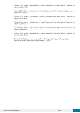 Turismo, Lazer e Negócios 2 Capítulo 3 23
Ryanair (2013). Ryanair – Annual Report & Financial Statements 2013. Dublin, Irlanda. Disponível em:
https://bit.ly/2uCeXhQ;
Ryanair (2014). Ryanair – Annual Report & Financial Statements 2014. Dublin, Irlanda. Disponível em:
https://bit.ly/2LUkDev;
Ryanair (2015). Ryanair – Annual Report & Financial Statements 2015. Dublin, Irlanda. Disponível em:
https://bit.ly/1T9ypVD;
Ryanair (2016). Ryanair – Annual Report & Financial Statements 2016. Dublin, Irlanda. Disponível em:
https://bit.ly/2j4GyFv;
Ryanair (2017). Ryanair – Annual Report & Financial Statements 2017. Dublin, Irlanda. Disponível em:
https://bit.ly/2xJHRPZ;
Ryanair (2018). Ryanair – Annual Report & Financial Statements 2018. Dublin, Irlanda. Disponível em:
https://bit.ly/2VzdSmU;
Starkie, D. (2011). European airports and airlines: Evolving relationships and the regulatory
implications. Journal of Air Transport Management, 21: 40-49;
 
