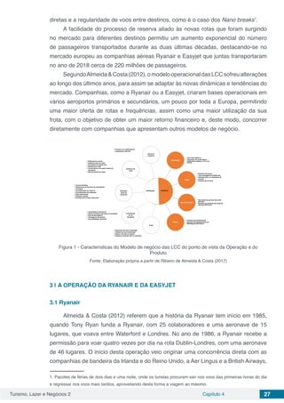 Turismo, Lazer e Negócios 2 Capítulo 4 27
diretas e a regularidade de voos entre destinos, como é o caso dos Nano breaks1
.
A facilidade do processo de reserva aliado às novas rotas que foram surgindo
no mercado para diferentes destinos permitiu um aumento exponencial do número
de passageiros transportados durante as duas últimas décadas, destacando-se no
mercado europeu as companhias aéreas Ryanair e Easyjet que juntas transportaram
no ano de 2018 cerca de 220 milhões de passageiros.
SegundoAlmeida&Costa(2012),omodelooperacionaldasLCCsofreualterações
ao longo dos últimos anos, para assim se adaptar às novas dinâmicas e tendências do
mercado. Companhias, como a Ryanair ou a Easyjet, criaram bases operacionais em
vários aeroportos primários e secundários, um pouco por toda a Europa, permitindo
uma maior oferta de rotas e frequências, assim como uma maior utilização da sua
frota, com o objetivo de obter um maior retorno financeiro e, deste modo, concorrer
diretamente com companhias que apresentam outros modelos de negócio.
Figura 1 - Características do Modelo de negócio das LCC do ponto de vista da Operação e do
Produto
Fonte: Elaboração própria a partir de Ribeiro de Almeida & Costa (2017)
3 | 	A OPERAÇÃO DA RYANAIR E DA EASYJET
3.1	Ryanair
Almeida & Costa (2012) referem que a história da Ryanair tem início em 1985,
quando Tony Ryan funda a Ryanair, com 25 colaboradores e uma aeronave de 15
lugares, que voava entre Waterford e Londres. No ano de 1986, a Ryanair recebe a
permissão para voar quatro vezes por dia na rota Dublin-Londres, com uma aeronave
de 46 lugares. O início desta operação veio originar uma concorrência direta com as
companhias de bandeira da Irlanda e do Reino Unido, a Aer Lingus e a British Airways,
1. Pacotes de férias de dois dias e uma noite, onde os turistas procuram sair nos voos das primeiras horas do dia
e regressar nos voos mais tardios, aproveitando desta forma a viagem ao máximo.
 