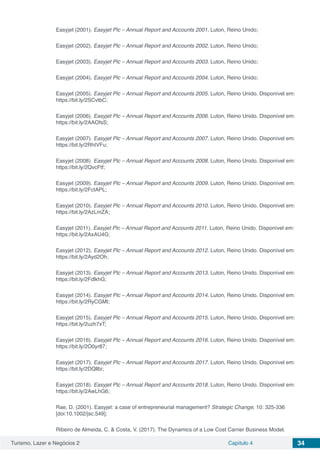 Turismo, Lazer e Negócios 2 Capítulo 4 34
Easyjet (2001). Easyjet Plc – Annual Report and Accounts 2001. Luton, Reino Unido;
Easyjet (2002). Easyjet Plc – Annual Report and Accounts 2002. Luton, Reino Unido;
Easyjet (2003). Easyjet Plc – Annual Report and Accounts 2003. Luton, Reino Unido;
Easyjet (2004). Easyjet Plc – Annual Report and Accounts 2004. Luton, Reino Unido;
Easyjet (2005). Easyjet Plc – Annual Report and Accounts 2005. Luton, Reino Unido. Disponível em:
https://bit.ly/2SCvtbC;
Easyjet (2006). Easyjet Plc – Annual Report and Accounts 2006. Luton, Reino Unido. Disponível em:
https://bit.ly/2AAOfsS;
Easyjet (2007). Easyjet Plc – Annual Report and Accounts 2007. Luton, Reino Unido. Disponível em:
https://bit.ly/2RhIVFu;
Easyjet (2008). Easyjet Plc – Annual Report and Accounts 2008. Luton, Reino Unido. Disponível em:
https://bit.ly/2QvcFtf;
Easyjet (2009). Easyjet Plc – Annual Report and Accounts 2009. Luton, Reino Unido. Disponível em:
https://bit.ly/2FctAPL;
Easyjet (2010). Easyjet Plc – Annual Report and Accounts 2010. Luton, Reino Unido. Disponível em:
https://bit.ly/2AzLmZA;
Easyjet (2011). Easyjet Plc – Annual Report and Accounts 2011. Luton, Reino Unido. Disponível em:
https://bit.ly/2AxAU4G;
Easyjet (2012). Easyjet Plc – Annual Report and Accounts 2012. Luton, Reino Unido. Disponível em:
https://bit.ly/2Ayd2Oh;
Easyjet (2013). Easyjet Plc – Annual Report and Accounts 2013. Luton, Reino Unido. Disponível em:
https://bit.ly/2FdlkhG;
Easyjet (2014). Easyjet Plc – Annual Report and Accounts 2014. Luton, Reino Unido. Disponível em:
https://bit.ly/2RyCGMt;
Easyjet (2015). Easyjet Plc – Annual Report and Accounts 2015. Luton, Reino Unido. Disponível em:
https://bit.ly/2uzh7xT;
Easyjet (2016). Easyjet Plc – Annual Report and Accounts 2016. Luton, Reino Unido. Disponível em:
https://bit.ly/2O0yr87;
Easyjet (2017). Easyjet Plc – Annual Report and Accounts 2017. Luton, Reino Unido. Disponível em:
https://bit.ly/2DQllbi;
Easyjet (2018). Easyjet Plc – Annual Report and Accounts 2018. Luton, Reino Unido. Disponível em:
https://bit.ly/2AwLhG6;
Rae, D. (2001). Easyjet: a case of entrepreneurial management? Strategic Change, 10: 325-336
[doi:10.1002/jsc.549];
Ribeiro de Almeida, C. & Costa, V. (2017). The Dynamics of a Low Cost Carrier Business Model.
 