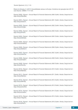 Turismo, Lazer e Negócios 2 Capítulo 4 35
Tourism Spectrum, 3 (1), 1-13;
Ribeiro de Almeida, C. (2017). Acessibilidades aéreas na Europa. A dinâmica da operação das LCC. O
caso Ryanair. OMNIA, 7:117-124;
Ryanair (2000). Ryanair – Annual Report & Financial Statements 2000. Dublin, Irlanda. Disponível em:
https://bit.ly/2RarQNw;
Ryanair (2001). Ryanair – Annual Report & Financial Statements 2001. Dublin, Irlanda. Disponível em:
https://bit.ly/2C5bcVf;
Ryanair (2002). Ryanair – Annual Report & Financial Statements 2002. Dublin, Irlanda. Disponível em:
https://bit.ly/2LVOgfx;
Ryanair (2003). Ryanair – Annual Report & Financial Statements 2003. Dublin, Irlanda. Disponível em:
https://bit.ly/2FfcEr9;
Ryanair (2004). Ryanair – Annual Report & Financial Statements 2004. Dublin, Irlanda. Disponível em:
https://bit.ly/2C8HeQi;
Ryanair (2005). Ryanair – Annual Report & Financial Statements 2005. Dublin, Irlanda. Disponível em:
https://bit.ly/2sm8dmZ;
Ryanair (2006). Ryanair – Annual Report & Financial Statements 2006. Dublin, Irlanda. Disponível em:
https://bit.ly/2SGNzsY;
Ryanair (2007). Ryanair – Annual Report & Financial Statements 2007. Dublin, Irlanda. Disponível em:
https://bit.ly/2AwKFjw;
Ryanair (2008). Ryanair – Annual Report & Financial Statements 2008. Dublin, Irlanda. Disponível em:
https://bit.ly/2scDpEV;
Ryanair (2009). Ryanair – Annual Report & Financial Statements 2009. Dublin, Irlanda. Disponível em:
https://bit.ly/2Fezf7g;
Ryanair (2010). Ryanair – Annual Report & Financial Statements 2010. Dublin, Irlanda. Disponível em:
https://bit.ly/2QprbSZ;
Ryanair (2011). Ryanair – Annual Report & Financial Statements 2011. Dublin, Irlanda. Disponível em:
https://bit.ly/2ReAUki;
Ryanair (2012). Ryanair – Annual Report & Financial Statements 2012. Dublin, Irlanda. Disponível em:
https://bit.ly/2R9F39j;
Ryanair (2013). Ryanair – Annual Report & Financial Statements 2013. Dublin, Irlanda. Disponível em:
https://bit.ly/2uCeXhQ;
Ryanair (2014). Ryanair – Annual Report & Financial Statements 2014. Dublin, Irlanda. Disponível em:
https://bit.ly/2LUkDev;
Ryanair (2015). Ryanair – Annual Report & Financial Statements 2015. Dublin, Irlanda. Disponível em:
https://bit.ly/1T9ypVD;
Ryanair (2016). Ryanair – Annual Report & Financial Statements 2016. Dublin, Irlanda. Disponível em:
https://bit.ly/2j4GyFv;
 