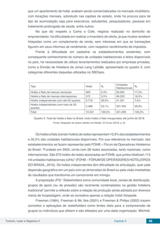 Turismo, Lazer e Negócios 2 Capítulo 5 46
que um apartamento de hotel, acabam sendo comercializadas no mercado imobiliário,
com locações mensais, sobretudo nas capitais de estado, onde há procura para tal
tipo de acomodação seja para executivos, estudantes, pesquisadores, pessoas em
tratamento prolongado de saúde, entre outros.
No que diz respeito a Cama e Café, negócio realizado no domicílio do
empreendedor, há dificuldade em realizar o inventário de oferta, já que muitos recebem
hóspedes como um complemento de renda, sem interesse em que as transações
figurem em seus informes de rendimento, com respetivo recolhimento de impostos.
Frente à dificuldade em cadastrar os estabelecimentos existentes, com
consequente conhecimento do número de unidades habitacionais e leitos disponíveis
no país, há necessidade de utilizar levantamentos realizados por empresas privadas,
como a Divisão de Hotelaria de Jones Lang LaSalle, apresentada no quadro 3, com
categorias diferentes daquelas utilizadas no SBClass.
Tipo Hotel %
Unidades
Habitacionais
%
Hotéis e flats de marcas nacionais 563 5,4% 93.205 17,2%
Hotéis e flats de marcas internacionais 572 5,5% 99.220 18,3%
Hotéis independentes com até 20 quartos 3.718 36,0% 41.331 7,6%
Hotéis independentes com mais de 20
quartos
5.488 53,1% 307.453 56,8%
Total 10.341 100,0% 541.209 100,0%
Quadro 3. Total de hotéis e flats no Brasil, inclui hotéis e flats inaugurados até junho de 2018
Fonte: Adaptado de dados obtidos em Mader, Di Cunto (2018, p. 8)
Oshotéiseflats(condo-hotéis)deredesrepresentam10,9%dosestabelecimentos
e 35,5% das unidades habitacionais disponíveis. Por sua relevância no mercado, tais
estabelecimentos se fazem representar pelo FOHB – Fórum de Operadores Hoteleiros
do Brasil: “Fundado em 2002, conta com 28 redes associadas, tanto nacionais, como
internacionais. São 670 hotéis de redes associadas ao FOHB, que juntos totalizam 113
mil unidades habitacionais (UHs)” (FOHB – FÓRUM DE OPERADORES HOTELEIROS
DO BRASIL, 2016). Os hotéis independentes têm dificuldade de articulação, quer pela
dispersão geográfica em um país com as dimensões do Brasil ou pela visão imediatista
de resultados que transforma um concorrente em inimigo.
A proposição (P3) “Stakeholders como comunidade local, canais de distribuição,
grupos de apoio (ou de pressão) são raramente contemplados na gestão hoteleira
tradicional” permite a reflexão sobre a relação de produção ainda adotada por diversos
meios de hospedagem, onde se considera apenas a relação hotel /hóspede.
Freeman (1984), Freeman & Mc Vea (2001) e Freeman & Philips (2002) trazem
conceitos e aplicações de stakeholders como lentes úteis para a compreensão de
grupos ou indivíduos que afetam e são afetados por uma dada organização. Mitchell,
 
