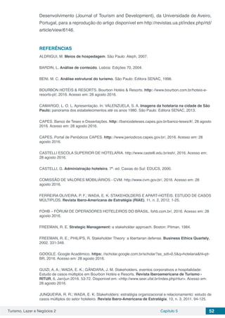 Turismo, Lazer e Negócios 2 Capítulo 5 52
Desenvolvimento (Journal of Tourism and Development), da Universidade de Aveiro,
Portugal, para a reprodução do artigo disponível em http://revistas.ua.pt/index.php/rtd/
article/view/6146.
REFERÊNCIAS
ALDRIGUI, M. Meios de hospedagem. São Paulo: Aleph, 2007.
BARDIN, L. Análise de conteúdo. Lisboa: Edições 70, 2004.
BENI, M. C. Análise estrutural do turismo. São Paulo: Editora SENAC, 1998.
BOURBON HOTÉIS & RESORTS. Bourbon Hotéis & Resorts. http: //www.bourbon.com.br/hoteis-e-
resorts-pt/, 2016. Acesso em: 28 agosto 2016.
CAMARGO, L. O. L. Apresentação. In: VALENZUELA, S. A. Imagens da hotelaria na cidade de São
Paulo: panorama dos estabelecimentos até os anos 1980. São Paulo: Editora SENAC, 2013.
CAPES. Banco de Teses e Dissertações. http: //bancodeteses.capes.gov.br/banco-teses/#/, 28 agosto
2016. Acesso em: 28 agosto 2016.
CAPES. Portal de Periódicos CAPES. http: //www.periodicos.capes.gov.br/, 2016. Acesso em: 28
agosto 2016.
CASTELLI ESCOLA SUPERIOR DE HOTELARIA. http://www.castelli.edu.br/esh/, 2016. Acesso em:
28 agosto 2016.
CASTELLI, G. Administração hoteleira. 7ª. ed. Caxias do Sul: EDUCS, 2000.
COMISSÃO DE VALORES MOBILIÁRIOS - CVM. http://www.cvm.gov.br/, 2016. Acesso em: 28
agosto 2016.
FERREIRA OLIVEIRA, P. F.; WADA, E. K. STAKEHOLDERS E APART-HOTÉIS: ESTUDO DE CASOS
MÚLTIPLOS. Revista Ibero-Americana de Estratégia (RIAE), 11, n. 2, 2012. 1-25.
FOHB – FÓRUM DE OPERADORES HOTELEIROS DO BRASIL. fohb.com.br/, 2016. Acesso em: 28
agosto 2016.
FREEMAN, R. E. Strategic Management: a stakeholder approach. Boston: Pitman, 1984.
FREEMAN, R. E.; PHILIPS, R. Stakeholder Theory: a libertarian defense. Business Ethics Quartely,
2002. 331-349.
GOOGLE. Google Acadêmico. https: //scholar.google.com.br/scholar?as_sdt=0,5&q=hotelaria&hl=pt-
BR, 2016. Acesso em: 28 agosto 2016.
GUIZI, A. A.; WADA, E. K.; GÂNDARA, J. M. Stakeholders, eventos corporativos e hospitalidade:
Estudo de casos múltiplos em Bourbon Hotéis e Resorts. Revista Iberoamericana de Turismo -
RITUR, 6, Jan/jun 2016. 53-72. Disponivel em: <http://www.seer.ufal.br/index.php/ritur>. Acesso em:
28 agosto 2016.
JUNQUEIRA, R. R.; WADA, E. K. Stakeholders: estratégia organizacional e relacionamento: estudo de
casos múltiplos do setor hoteleiro. Revista Ibero-Americana de Estratégia, 10, n. 3, 2011. 94-125.
 