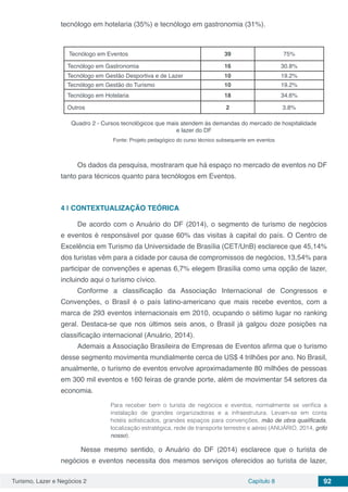 Turismo, Lazer e Negócios 2 Capítulo 8 92
tecnólogo em hotelaria (35%) e tecnólogo em gastronomia (31%).
Tecnólogo em Eventos 39 75%
Tecnólogo em Gastronomia 16 30.8%
Tecnólogo em Gestão Desportiva e de Lazer 10 19.2%
Tecnólogo em Gestão do Turismo 10 19.2%
Tecnólogo em Hotelaria 18 34.6%
Outros 2 3.8%
Quadro 2 - Cursos tecnológicos que mais atendem às demandas do mercado de hospitalidade
e lazer do DF
Fonte: Projeto pedagógico do curso técnico subsequente em eventos
Os dados da pesquisa, mostraram que há espaço no mercado de eventos no DF
tanto para técnicos quanto para tecnólogos em Eventos.
4 | 	CONTEXTUALIZAÇÃO TEÓRICA
De acordo com o Anuário do DF (2014), o segmento de turismo de negócios
e eventos é responsável por quase 60% das visitas à capital do país. O Centro de
Excelência em Turismo da Universidade de Brasília (CET/UnB) esclarece que 45,14%
dos turistas vêm para a cidade por causa de compromissos de negócios, 13,54% para
participar de convenções e apenas 6,7% elegem Brasília como uma opção de lazer,
incluindo aqui o turismo cívico.
Conforme a classificação da Associação Internacional de Congressos e
Convenções, o Brasil é o país latino-americano que mais recebe eventos, com a
marca de 293 eventos internacionais em 2010, ocupando o sétimo lugar no ranking
geral. Destaca-se que nos últimos seis anos, o Brasil já galgou doze posições na
classificação internacional (Anuário, 2014).
Ademais a Associação Brasileira de Empresas de Eventos afirma que o turismo
desse segmento movimenta mundialmente cerca de US$ 4 trilhões por ano. No Brasil,
anualmente, o turismo de eventos envolve aproximadamente 80 milhões de pessoas
em 300 mil eventos e 160 feiras de grande porte, além de movimentar 54 setores da
economia.
Para receber bem o turista de negócios e eventos, normalmente se verifica a
instalação de grandes organizadoras e a infraestrutura. Levam-se em conta
hotéis sofisticados, grandes espaços para convenções, mão de obra qualificada,
localização estratégica, rede de transporte terrestre e aéreo (ANUÁRIO, 2014, grifo
nosso).
Nesse mesmo sentido, o Anuário do DF (2014) esclarece que o turista de
negócios e eventos necessita dos mesmos serviços oferecidos ao turista de lazer,
 