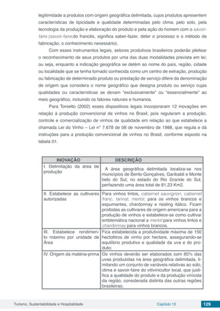 Turismo, Sustentabilidade e Hospitalidade Capítulo 13 129
legitimidade a produtos com origem geográfica delimitada, cujos produtos apresentem
características de tipicidade e qualidade determinadas pelo clima, pelo solo, pela
tecnologia da produção e elaboração do produto e pela ação do homem com o savoir-
faire.(savoir-faire,do francês, significa saber-fazer, deter o processo e o método de
fabricação, o conhecimento necessário).
Com esses instrumentos legais, setores produtivos brasileiros poderão pleitear
o reconhecimento de seus produtos por uma das duas modalidades prevista em lei;
ou seja, enquanto a indicação geográfica se detém ao nome do país, região, cidade
ou localidade que se tenha tornado conhecida como um centro de extração, produção
ou fabricação de determinado produto ou prestação de serviço difere da denominação
de origem que considera o nome geográfico que designa produto ou serviço cujas
qualidades ou características se devam “exclusivamente” ou “essencialmente” ao
meio geográfico, incluindo os fatores naturais e humanos.
Para Tonietto (2002) esses dispositivos legais incorporaram 12 inovações em
relação à produção convencional de vinhos no Brasil, pois regularam a produção,
controle e comercialização de vinhos de qualidade em relação ao que estabelece a
chamada Lei do Vinho – Lei n° 7.678 de 08 de novembro de 1988, que regula e dá
instruções para a produção convencional de vinhos no Brasil, conforme exposto na
tabela 01.
INOVAÇÃO DESCRIÇÃO
I. Delimitação da área de
produção
  A área geográfica delimitada localiza-se nos
municípios de Bento Gonçalves, Garibaldi e Monte
belo do Sul, no estado do Rio Grande do Sul,
perfazendo uma área total de 81,23 Km2.
II. Estabelece as cultivares
autorizadas
Para vinhos tintos, cabernet sauvignon, cabernet
franc, tannat, merlot; para os vinhos brancos e
espumantes, chardonnay e riesling itálico. Ficam
proibidas as cultivares de origem americana para a
produção de vinhos e estabelece-se como cultivar
emblemática nacional a merlot para vinhos tintos e
chardonnay para vinhos brancos.
III. Estabelece rendimen-
to máximo por unidade de
Área
Fica estabelecida a produtividade máxima de 150
hectolitros de vinho por hectare, assegurando-se
equilíbrio produtivo e qualidade da uva e do pro-
duto;
IV. Origem da matéria-prima Os vinhos deverão ser elaborados com 85% das
uvas produzidas na área geográfica delimitada, li-
mitando um conjunto de variáveis relativas ao solo,
clima e savoir-faire do vitivinicultor local, que justi-
fica a qualidade do produto e da produção vinícola
da região, considerada distinta das outras regiões
brasileiras;
 
