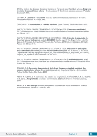 Turismo, Sustentabilidade e Hospitalidade Capítulo 6 55
BRASIL. Mistério das Cidades. Secretaria Nacional de Transporte e da Mobilidade Urbana. Programa
brasileiro de acessibilidade urbana – Brasil Acessível 2. Construindo a cidade acessível. 1ª edição -
Brasília/DF, 2006.
GOTMAN, A. Le sens de l’hospitalité: essai sur les fondements sociaux de l’accueil de l’autre.
Presses Universitaires de France, 2001.
GRINOVER, L. A hospitalidade, a cidade e o turismo. (Série Turismo). São Paulo: Aleph, 2007.
INSTITUTO BRASILEIRO DE GEOGRAFIA E ESTATÍSTICA – IBGE. [Panorama das cidades].
2017a. Disponível em: <https://cidades.ibge.gov.br/brasil/sc/balneario-camboriu/panorama> Acesso
em: 19 nov. 2017.
INSTITUTO BRASILEIRO DE GEOGRAFIA E ESTATÍSTICA – IBGE. Projeção da população do
Brasil por sexo e idade para o período 2000/2060. Brasília, ago. 2013a. Disponível em <ftp://ftp.
ibge.gov.br/Projecao_da_Populacao/Projecao_da_Populacao_2013/nota_metodologica_2013.pdf>
Acesso em: 28 nov. 2017.
INSTITUTO BRASILEIRO DE GEOGRAFIA E ESTATÍSTICA – IBGE. Projeções da população:
Brasil e Unidades da Federação. Série Relatórios Metodológicos. Rio de Janeiro, v. 40. 2013b.
Disponível em: <ftp://ftp.ibge.gov.br/Projecao_da_Populacao/Projecao_da_Populacao_2013/srm40_
projecao_da_populacao.pdf> Acesso em: 28 nov. 2017.
INSTITUTO BRASILEIRO DE GEOGRAFIA E ESTATÍSTICA – IBGE. [Censo Demográfico 2010].
2017b. Disponível em < https://ww2.ibge.gov.br/home/estatistica/populacao/censo2010/default.shtm>
Acesso em: 28 nov. 17.
ORLANDI, S. C. Percepção do portador de deficiência física com relação à qualidade dos
espaços de circulação urbana. Dissertação (Mestrado em Engenharia Urbana) – Universidade
Federal de São Carlos, São Carlos, 2003.
REGO, R. A.; SILVA E. A. A atmosfera das cidades e a hospitalidade. In: DENCKER, A. F. M.; BUENO,
M. S. (Orgs.). Hospitalidade: cenários e oportunidades. São Paulo: Pioneira Thomson Learning,
2003.
YÁZIGI, E. A alma do lugar: turismo, planejamento e cotidiano em litorais e montanhas. Coleção
Turismo Contexto. São Paulo: Contexto, 2001.
 