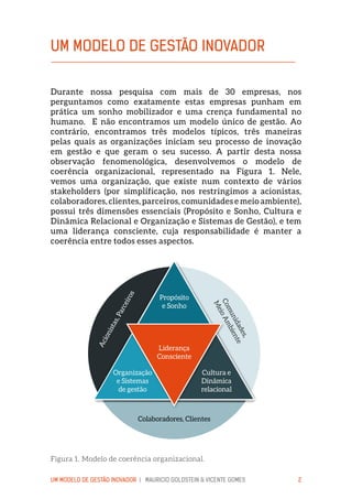 UM MODELO DE GESTÃO INOVADOR | MAURICIO GOLDSTEIN & VICENTE GOMES 2
Durante nossa pesquisa com mais de 30 empresas, nos
perguntamos como exatamente estas empresas punham em
prática um sonho mobilizador e uma crença fundamental no
humano. E não encontramos um modelo único de gestão. Ao
contrário, encontramos três modelos típicos, três maneiras
pelas quais as organizações iniciam seu processo de inovação
em gestão e que geram o seu sucesso. A partir desta nossa
observação fenomenológica, desenvolvemos o modelo de
coerência organizacional, representado na Figura 1. Nele,
vemos uma organização, que existe num contexto de vários
stakeholders (por simplificação, nos restringimos a acionistas,
colaboradores, clientes, parceiros, comunidades e meio ambiente),
possui três dimensões essenciais (Propósito e Sonho, Cultura e
Dinâmica Relacional e Organização e Sistemas de Gestão), e tem
uma liderança consciente, cuja responsabilidade é manter a
coerência entre todos esses aspectos.
Figura 1. Modelo de coerência organizacional.
UM MODELO DE GESTÃO INOVADOR
Acionistas,Parceiros
Comunidades,
MeioAmbiente
Colaboradores, Clientes
Liderança
Consciente
Propósito
e Sonho
Organização
e Sistemas
de gestão
Cultura e
Dinâmica
relacional
 