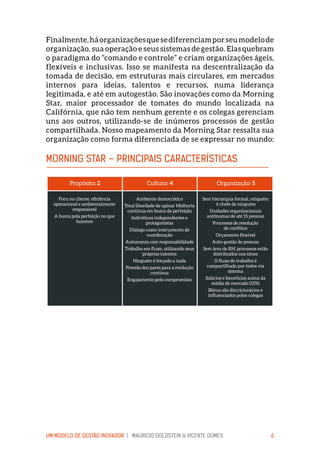 UM MODELO DE GESTÃO INOVADOR | MAURICIO GOLDSTEIN & VICENTE GOMES 6
Finalmente,háorganizaçõesquesediferenciamporseumodelode
organização, sua operação e seus sistemas de gestão. Elas quebram
o paradigma do “comando e controle” e criam organizações ágeis,
flexíveis e inclusivas. Isso se manifesta na descentralização da
tomada de decisão, em estruturas mais circulares, em mercados
internos para ideias, talentos e recursos, numa liderança
legitimada, e até em autogestão. São inovações como da Morning
Star, maior processador de tomates do mundo localizada na
Califórnia, que não tem nenhum gerente e os colegas gerenciam
uns aos outros, utilizando-se de inúmeros processos de gestão
compartilhada. Nosso mapeamento da Morning Star ressalta sua
organização como forma diferenciada de se expressar no mundo:
MORNING STAR – PRINCIPAIS CARACTERÍSTICAS
Propósito: 2
Foco no cliente, eﬁciência
operacional e ambientalmente
responsável
A busca pela perfeição no que
fazemos
Cultura: 4
Ambiente democrático
Total liberdade de opinar Melhoria
contínua em busca da perfeição
Indivíduos independentes e
protagonistas
Diálogo como instrumento de
coordenação
Autonomia com responsabilidade
Trabalho em ﬂuxo, utilizando seus
próprios talentos
Ninguém é forçado a nada
Pressão dos pares para a evolução
contínua
Engajamento pelo compromisso
Organização: 5
Sem hierarquia formal, ninguém
é chefe de ninguém
Unidades organizacionais
autônomas de até 15 pessoas
Processos de resolução
de conﬂitos
Orçamento ﬂexível
Auto-gestão de pessoas
Sem área de RH, processos estão
distribuídos nos times
O ﬂuxo do trabalho é
compartilhado por todos via
sistema
Salários e benefícios acima da
média de mercado (15%)
Bônus são discricionários e
inﬂuenciados pelos colegas
 