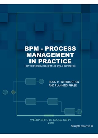 BPM - PROCESS
MANAGEMENT
IN PRACTICE
HOW TO PERFORM THE BPM LIFE CYCLE IN PRACTICE
VALÉRIA BRITO DE SOUSA, CBPP®
2019
BOOK 1: INTRODUCTION
AND PLANNING PHASE
All rights reserved ®
 