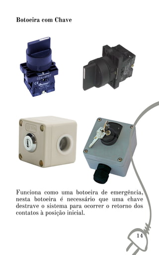 Funciona como uma botoeira de emergência,
nesta botoeira é necessário que uma chave
destrave o sistema para ocorrer o retorno dos
contatos à posição inicial.
14
Botoeira com Chave
 