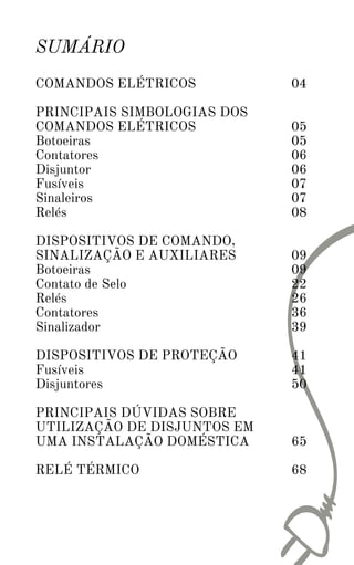 SUMÁRIO
COMANDOS ELÉTRICOS
PRINCIPAIS SIMBOLOGIAS DOS
COMANDOS ELÉTRICOS
Botoeiras
Contatores
Disjuntor
Fusíveis
Sinaleiros
Relés
DISPOSITIVOS DE COMANDO,
SINALIZAÇÃO E AUXILIARES
Botoeiras
Contato de Selo
Relés
Contatores
Sinalizador
DISPOSITIVOS DE PROTEÇÃO
Fusíveis
Disjuntores
PRINCIPAIS DÚVIDAS SOBRE
UTILIZAÇÃO DE DISJUNTOS EM
UMA INSTALAÇÃO DOMÉSTICA
RELÉ TÉRMICO
04
05
05
06
06
07
07
08
09
09
22
26
36
39
41
41
50
65
68
 
