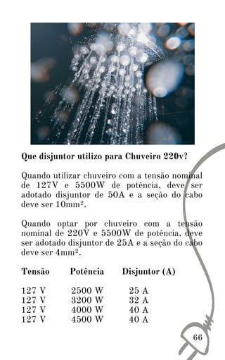 Que disjuntor utilizo para Chuveiro 220v?
Quando utilizar chuveiro com a tensão nominal
de 127V e 5500W de potência, deve ser
adotado disjuntor de 50A e a seção do cabo
deve ser 10mm².
Quando optar por chuveiro com a tensão
nominal de 220V e 5500W de potência, deve
ser adotado disjuntor de 25A e a seção do cabo
deve ser 4mm².
Tensão Potência Disjuntor (A)
127 V 2500 W 25 A
127 V 3200 W 32 A
127 V 4000 W 40 A
127 V 4500 W 40 A
66
 