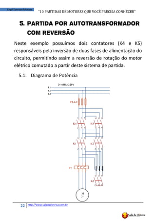“10	
  PARTIDAS	
  DE	
  MOTORES	
  QUE	
  VOCÊ	
  PRECISA	
  CONHECER”
22 http://www.saladaeletrica.com.br
Engº Everton Moraes
5. Partida por Autotransformador
com Reversão
Neste exemplo possuímos dois contatores (K4 e K5)
responsáveis pela inversão de duas fases de alimentação do
circuito, permitindo assim a reversão de rotação do motor
elétrico comutado a partir deste sistema de partida.
5.1. Diagrama de Potência
 
