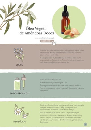 BENEFÍCIOS
DADOS TÉCNICOS
SOBRE
Com um alto valor nutritivo para a pele, cabelo e unhas, o óleo
de amêndoas doces é uma alternativa saudável e económica
para a beleza e bem-estar.
A sua aplicação é muito vasta, seja na pele, no rosto ou no
corpo, pois é um hidratante perfeito principalmente para áreas
mais secas como joelhos, cotovelos e pés.
Nome Botânico: Prunus dulcis.
Método de extração: Prensagem a frio.
Ácidos gordos essenciais: Rico em ácido oleico e linoleico.
Outros componentes ativos: Vitamina E, fitoesteróis e álcoois
triterpenos.
Sendo um óleo emoliente, nutritivo e calmante, recomendado
para pele seca a muito seca e frágil, protegendo-a do
ressecamento, acalmando a comichão e irritação.
Atua na prevenção de estrias e ativa a reparação da pele.
Indicado no cuidado de cabelos secos, ásperos, quebradiços
e muito crespos. A sua capacidade suavizante e emoliente,
hidrata, fortifica, revitaliza e devolve brilho e vigor aos cabelos
danificados.
Óleo Vegetal
de Amêndoas Doces
www.casadaromaterapia.pt
SABER MAIS
4
 