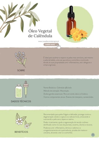 BENEFÍCIOS
DADOS TÉCNICOS
SOBRE
Óleo Vegetal
de Calêndula
É ideal para acalmar e reparar as peles mais sensíveis, até mesmo
a pele de bebés, uma vez que alivia a comichão e incómodo
devido às suas propriedades anti-inflamatórias, anti-alérgicas e
antipruriginosas.
Nome Botânico: Calendula officinalis.
Método de extração: Maceração.
Ácidos gordos essenciais: Rico em ácido oleico e linoleico.
Outros componentes ativos: Ésteres de triterpeno, caratenóides.
Recomendado para peles frágeis e delicadas, protege contra a
degeneração celular e captura os radicais livres, amaciando e
suavizando a pele seca, áspera e reativa.
Poder cicatrizante, ajuda a regeneração do tecido cutâneo
danificado como no caso da psoríase, eczema, úlceras e escaras.
Poderoso anti-inflamatório, diminui o edema e o
congestionamento em queimaduras, picadas de insetos e
urticária, aliviando a dor e a comichão.
www.casadaromaterapia.pt
SABER MAIS
8
 