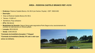 • Endereço: Rodovia Presidente Castelo Branco, Km. 86
• Descrição:
✓ Galpão com área construída de 5.000 m² e terreno de 1...