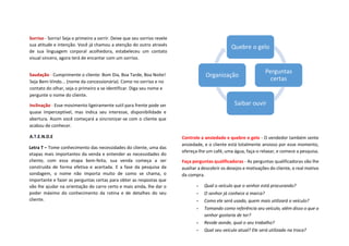 Sorriso - Sorria! Seja o primeiro a sorrir. Deixe que seu sorriso revele
sua atitude e intenção. Você já chamou a atenção do outro através
de sua linguagem corporal acolhedora, estabeleceu um contato
visual sincero, agora terá de encantar com um sorriso.
Saudação - Cumprimente o cliente: Bom Dia, Boa Tarde, Boa Noite!
Seja Bem-Vindo... (nome da concessionária). Como no sorriso e no
contato do olhar, seja o primeiro a se identificar. Diga seu nome e
pergunte o nome do cliente.
Inclinação - Esse movimento ligeiramente sutil para frente pode ser
quase imperceptível, mas indica seu interesse, disponibilidade e
abertura. Assim você começará a sincronizar-se com o cliente que
acabou de conhecer.
A.T.E.N.D.E
Letra T – Tome conhecimento das necessidades do cliente, uma das
etapas mais importantes da venda e entender as necessidades do
cliente, com essa etapa bem-feita, sua venda começa a ser
construída de forma efetiva e acertada. E a fase da pesquisa da
sondagem, o nome não importa muito de como se chama, o
importante e fazer as perguntas certas para obter as respostas que
vão lhe ajudar na orientação do carro certo e mais ainda, lhe dar o
poder máximo do conhecimento da rotina e de detalhes do seu
cliente.
Controle a ansiedade e quebre o gelo - O vendedor também sente
ansiedade, e o cliente está totalmente ansioso por esse momento,
ofereça-lhe um café, uma água, faça-o relaxar, e comece a pesquisa.
Faça perguntas qualificadoras - As perguntas qualificadoras vão lhe
auxiliar a descobrir os desejos e motivações do cliente, o real motivo
da compra.
• Qual o veículo que o senhor está procurando?
• O senhor já conhece a marca?
• Como ele será usado, quem mais utilizará o veículo?
• Tomando como referência seu veículo, além disso o que o
senhor gostaria de ter?
• Reside aonde, qual o seu trabalho?
• Qual seu veículo atual? Ele será utilizado na troca?
Quebre o gelo
Perguntas
certas
Saibar ouvir
Organização
 