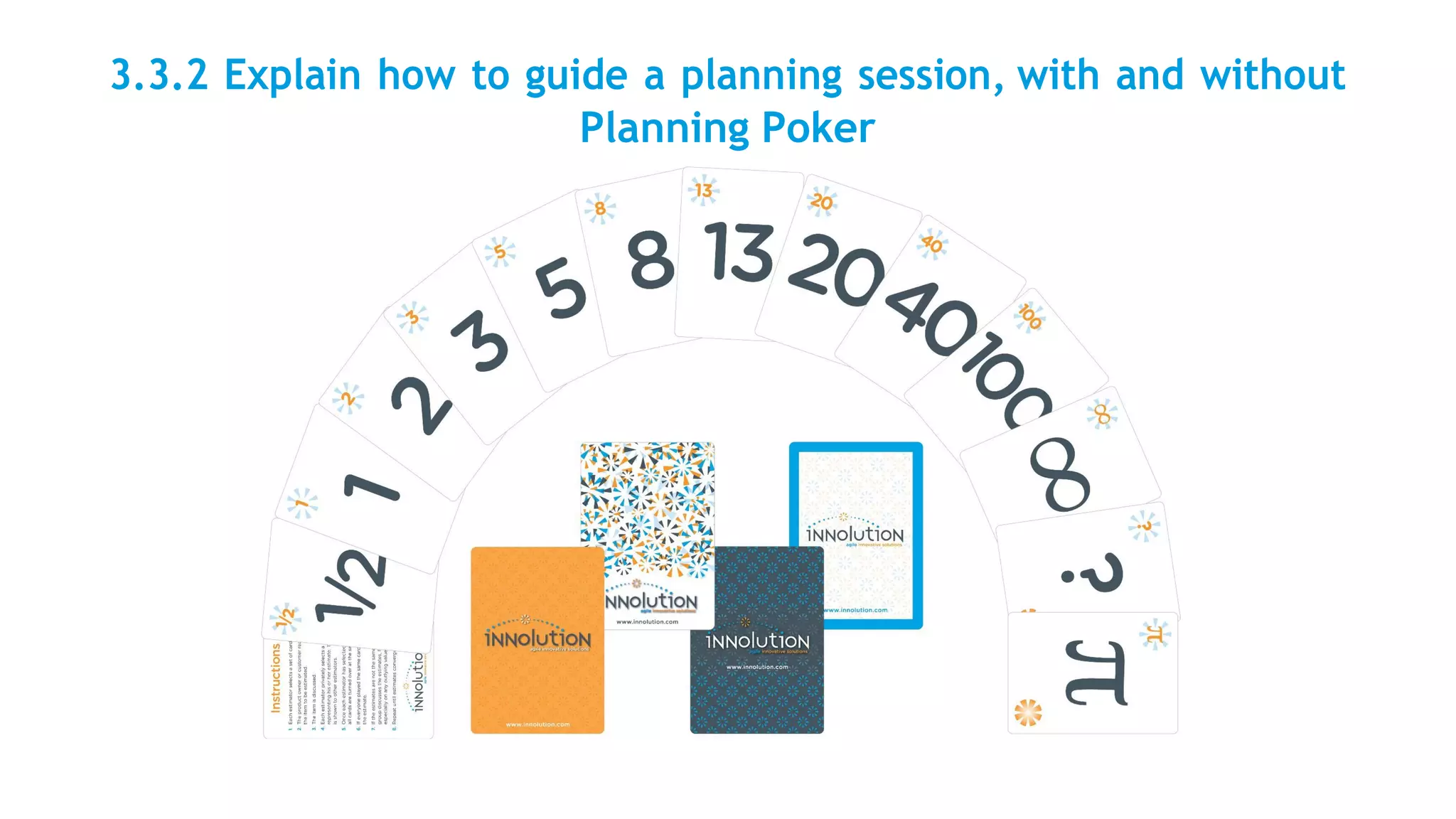 3.3.2 Explain how to guide a planning session, with and without
Planning Poker
 