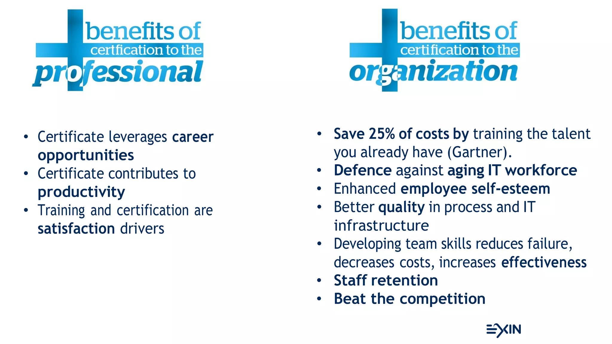 • Certificate leverages career
opportunities
• Certificate contributes to
productivity
• Training and certification are
satisfaction drivers
• Save 25% of costs by training the talent
you already have (Gartner).
• Defence against aging IT workforce
• Enhanced employee self-esteem
• Better quality in process and IT
infrastructure
• Developing team skills reduces failure,
decreases costs, increases effectiveness
• Staff retention
• Beat the competition
 