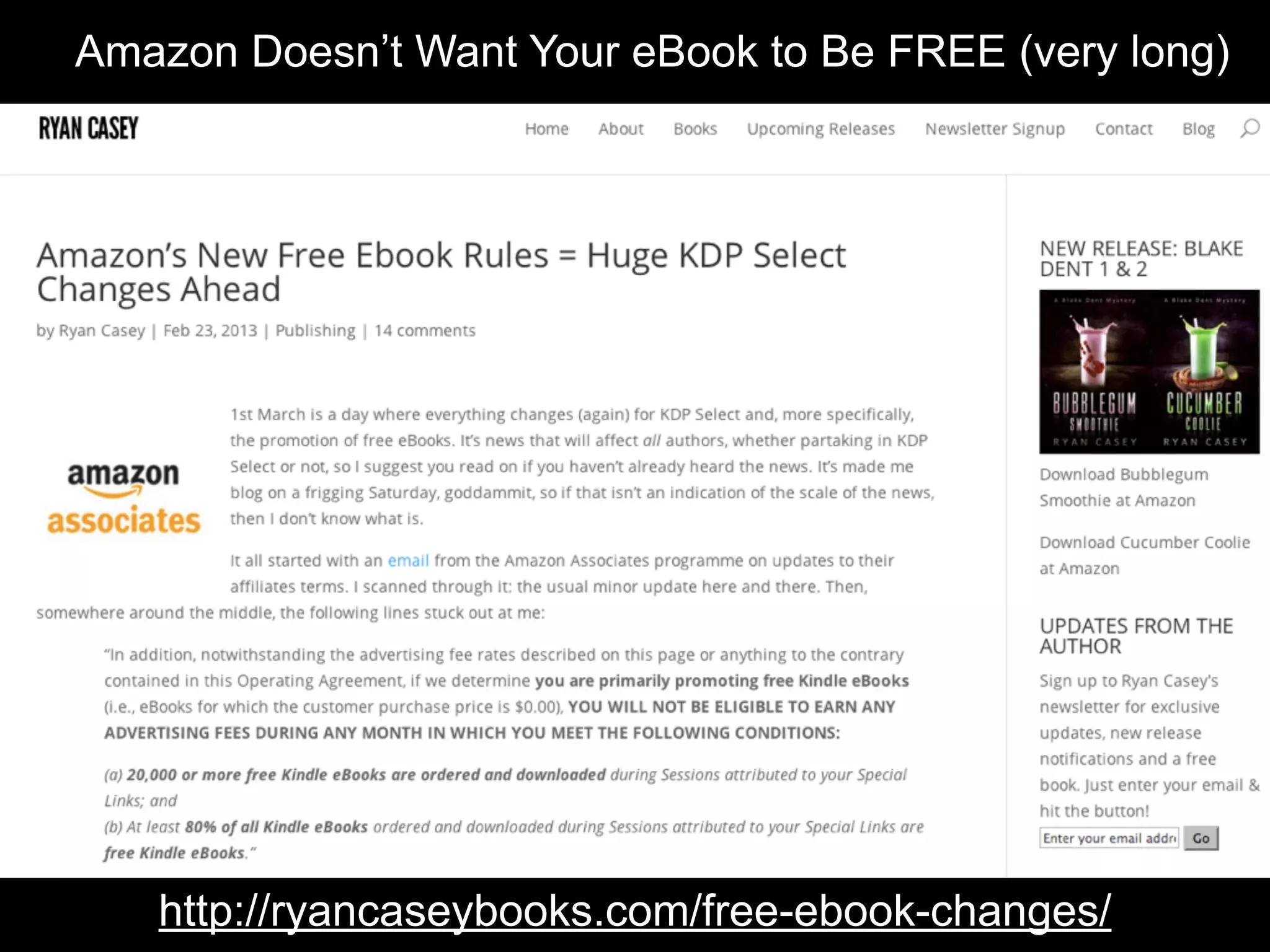 Amazon Doesn’t Want Your eBook to Be FREE (very long) 
http://ryancaseybooks.com/free-ebook-changes/ 
 