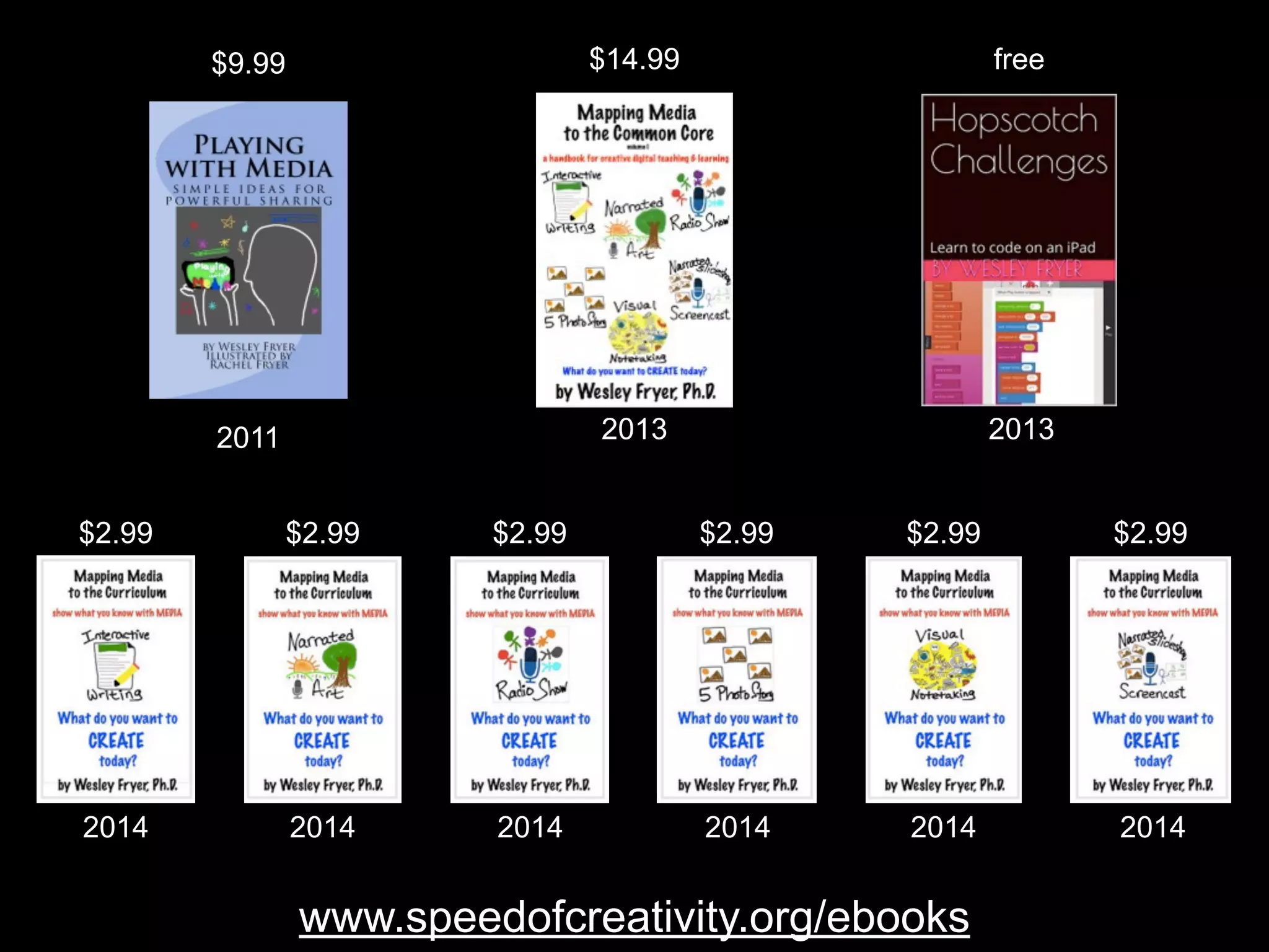 $9.99 $14.99 free 
2011 2013 2013 
$2.99 $2.99 $2.99 $2.99 $2.99 $2.99 
2014 2014 2014 2014 2014 2014 
www.speedofcreativity.org/ebooks 
 